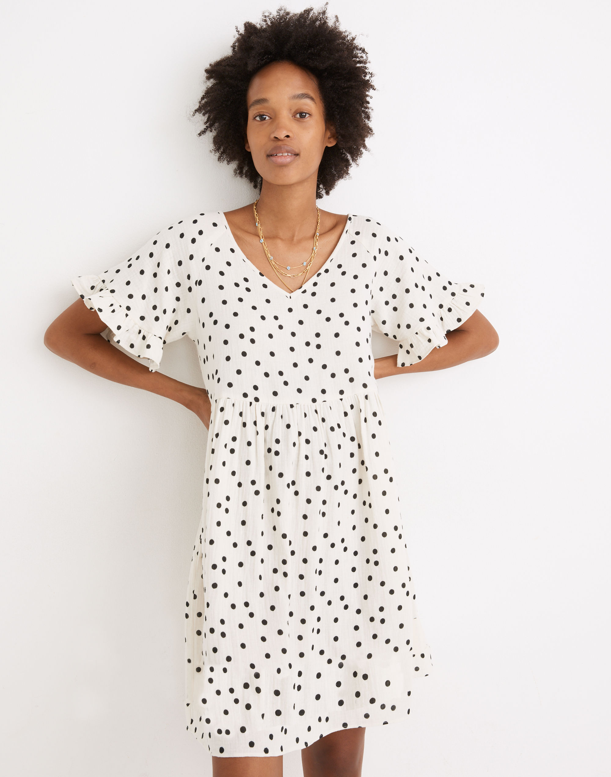 Lightspun Ruffle-Sleeve Babydoll Dress in Dot Toss