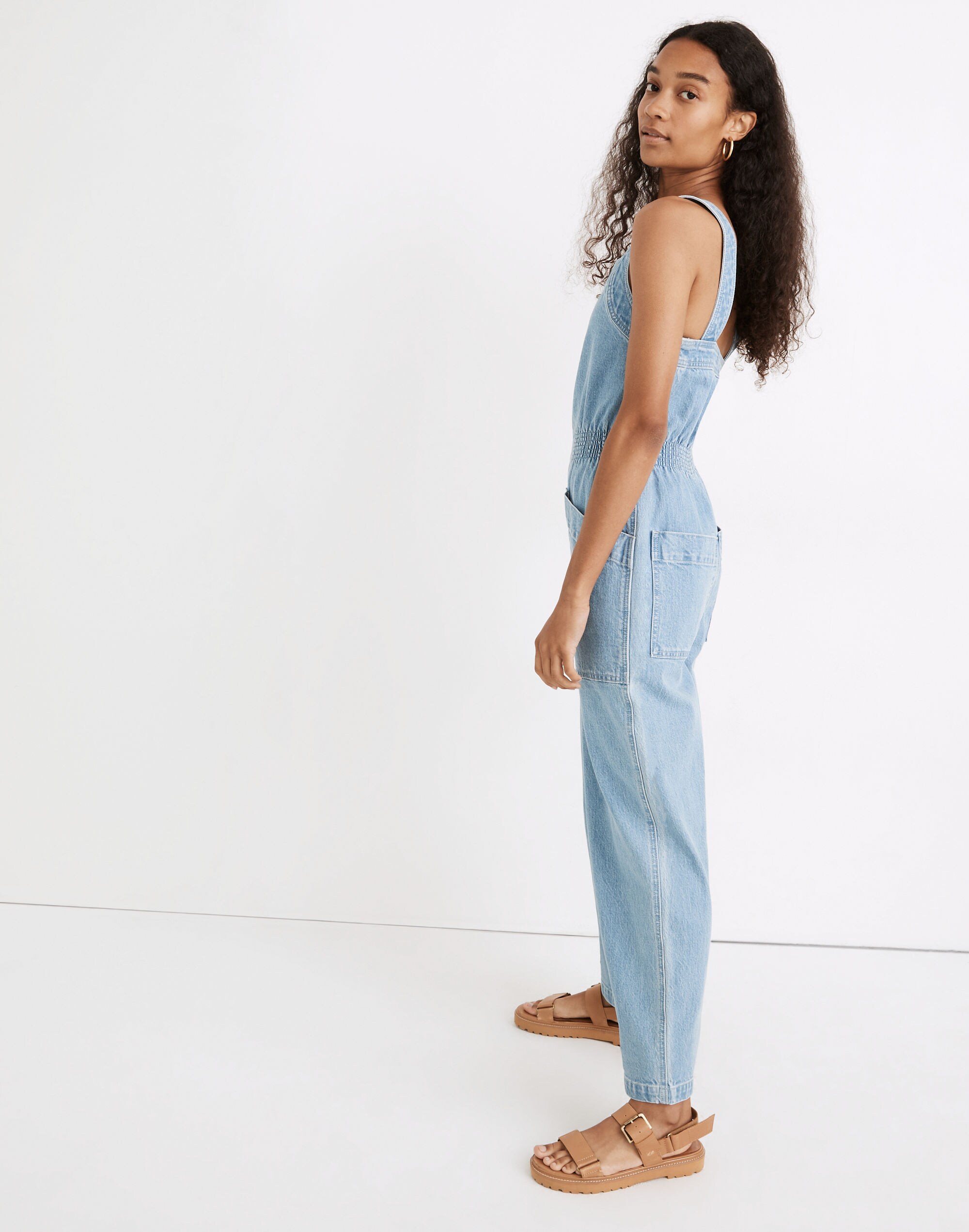 Denim Zip Smock-Waist Jumpsuit in Baisley Wash