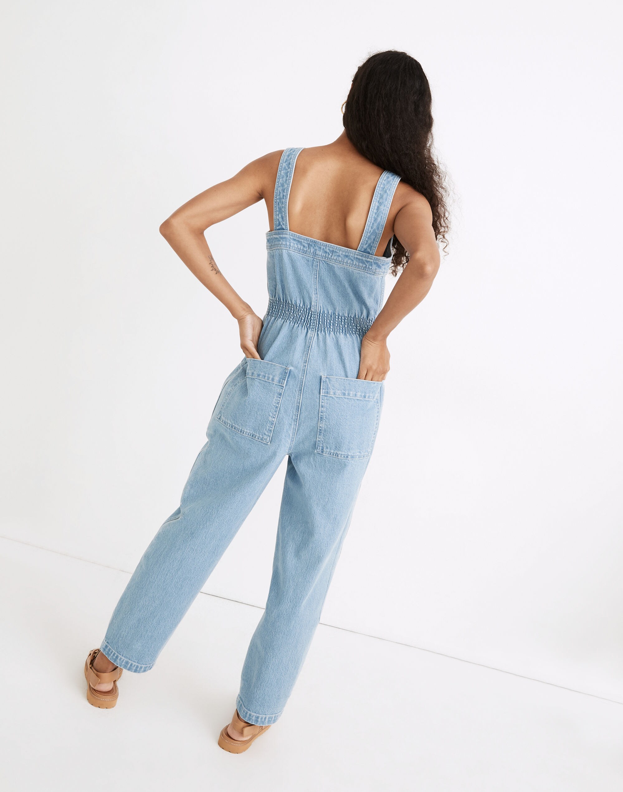 Denim Zip Smock-Waist Jumpsuit in Baisley Wash