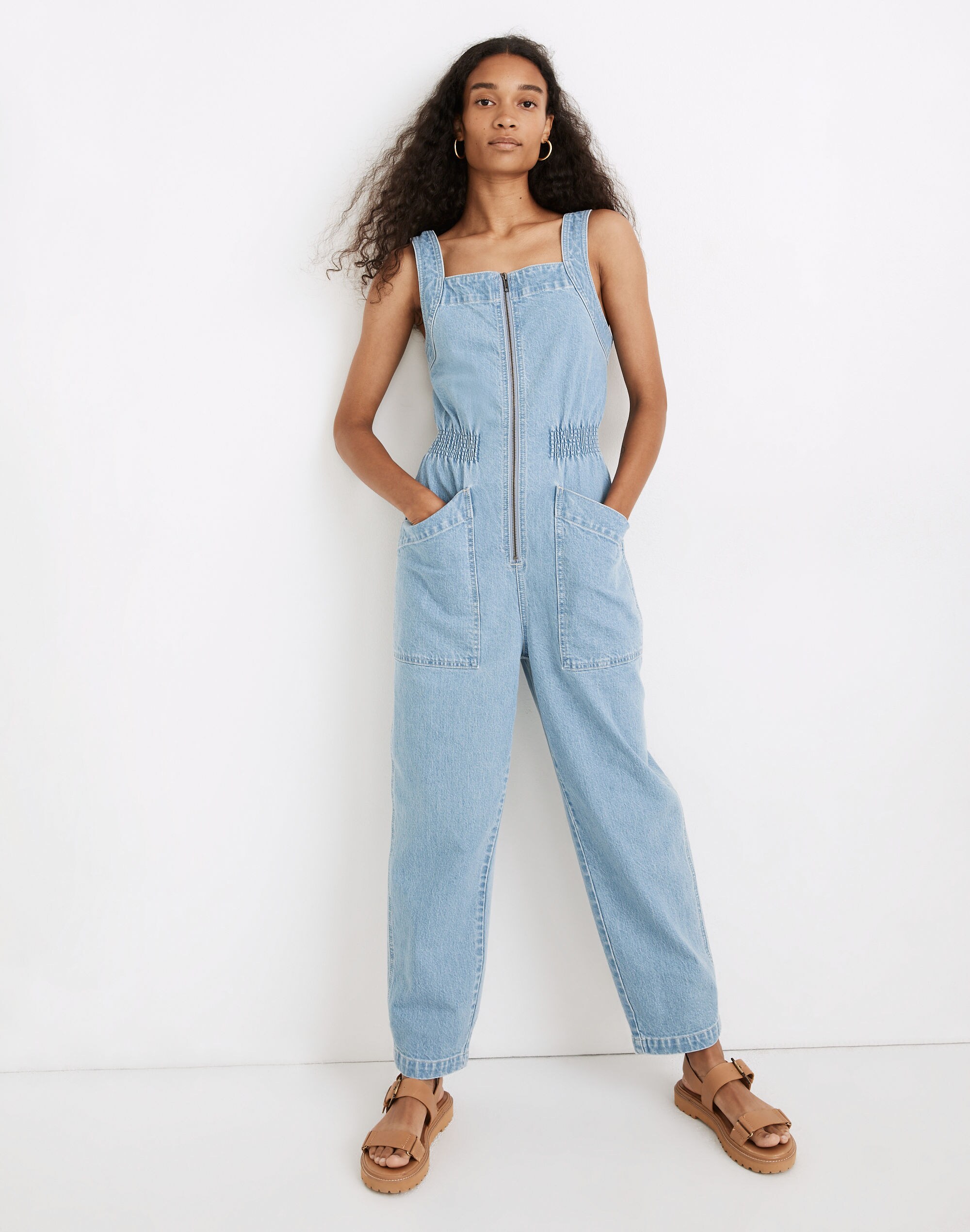 Denim Zip Smock-Waist Jumpsuit in Baisley Wash