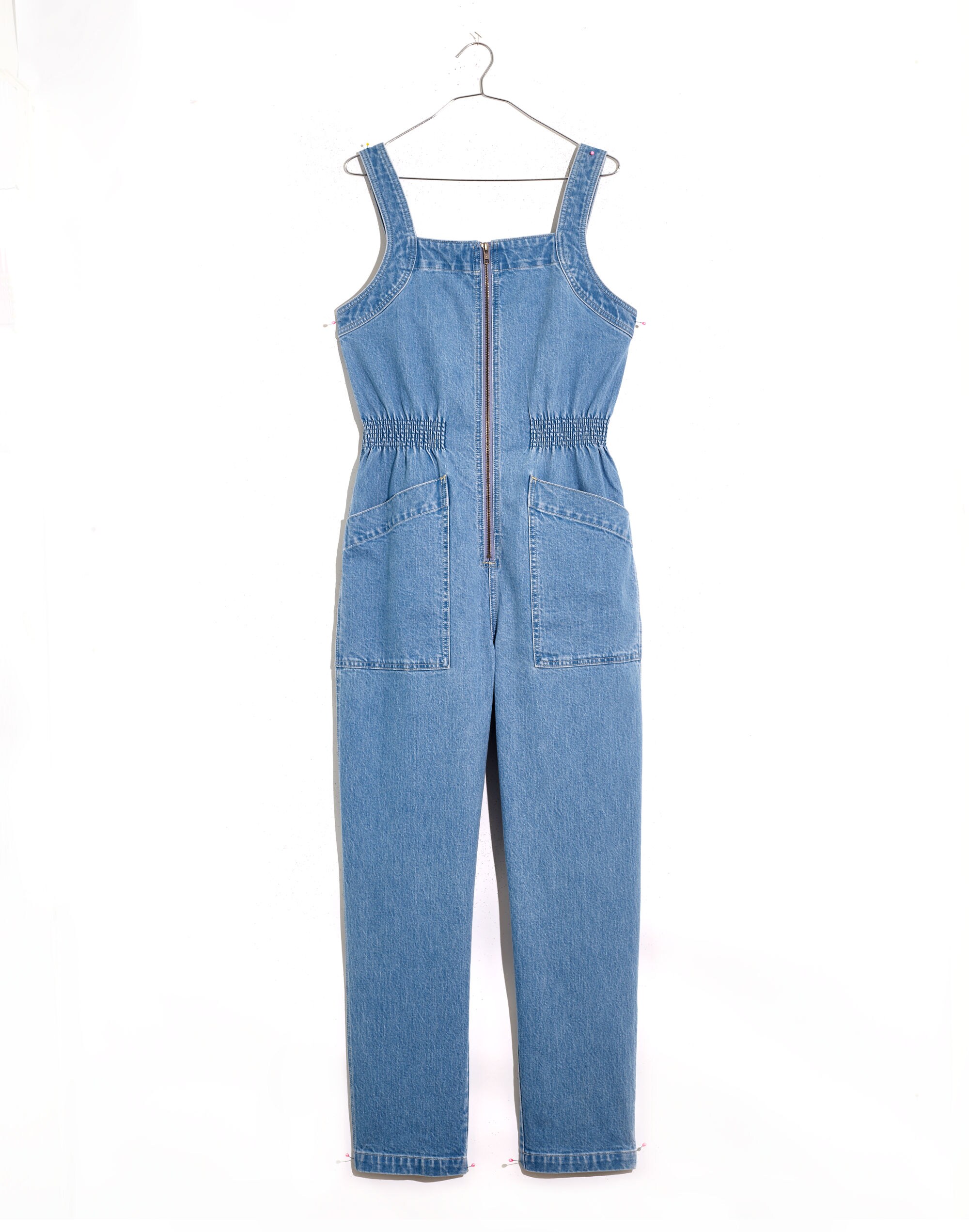 Denim Zip Smock-Waist Jumpsuit in Baisley Wash