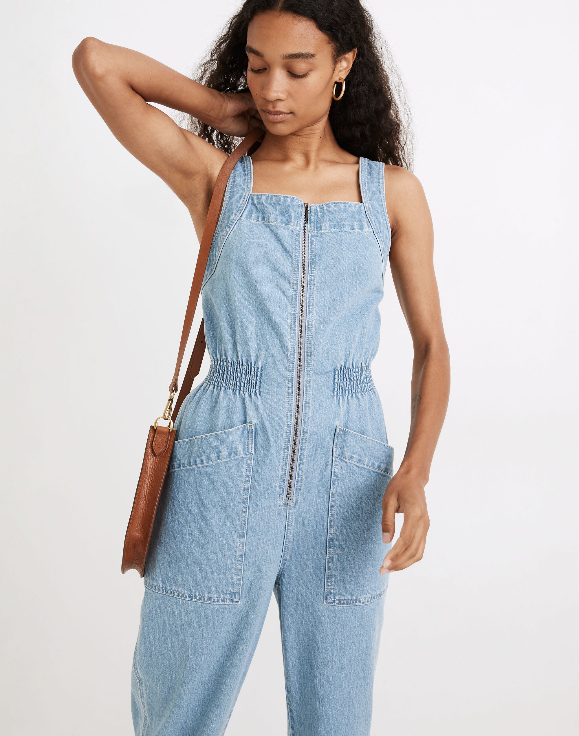 Denim Zip Smock-Waist Jumpsuit in Baisley Wash