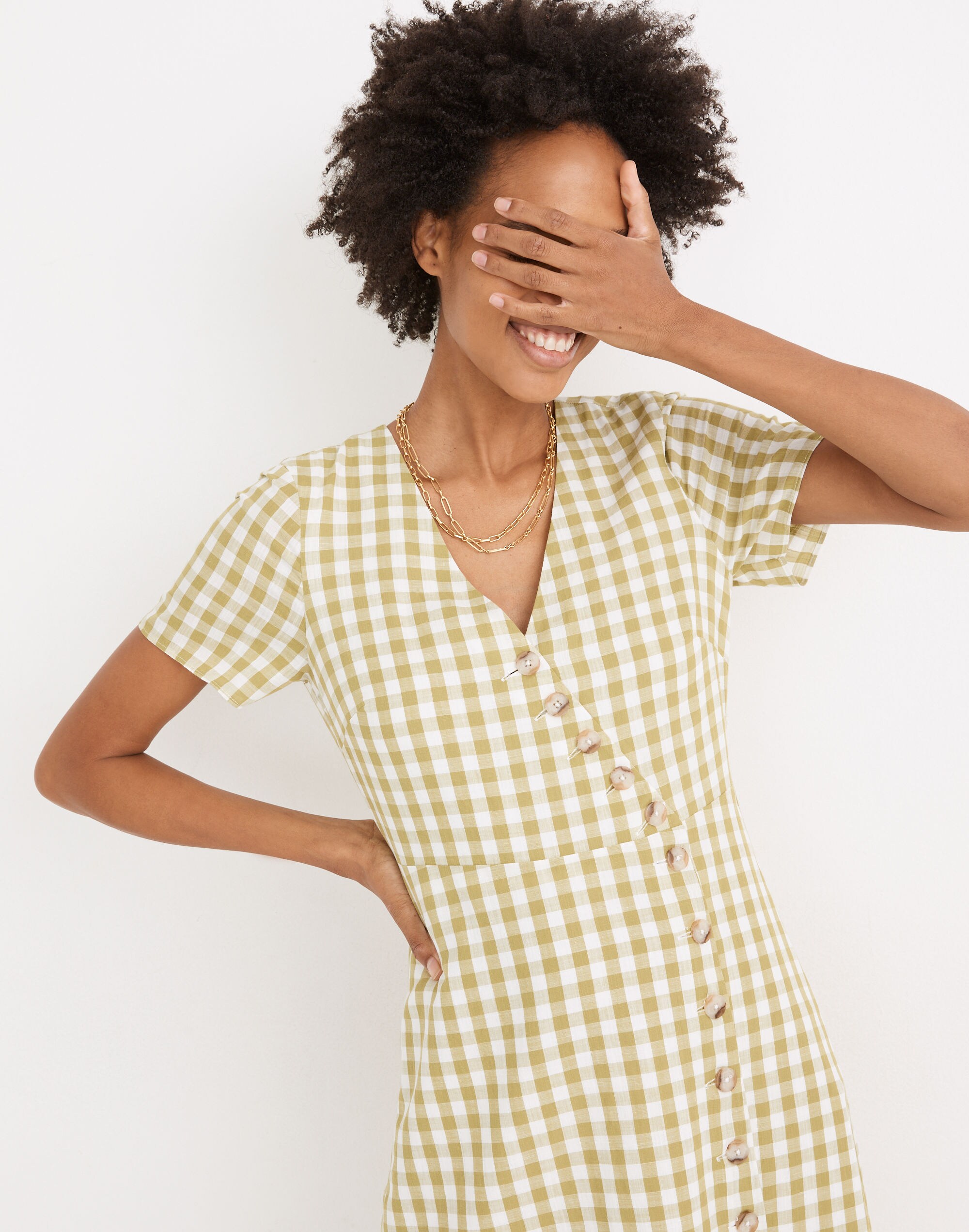 Button-Wrap Midi Dress in Gingham Check