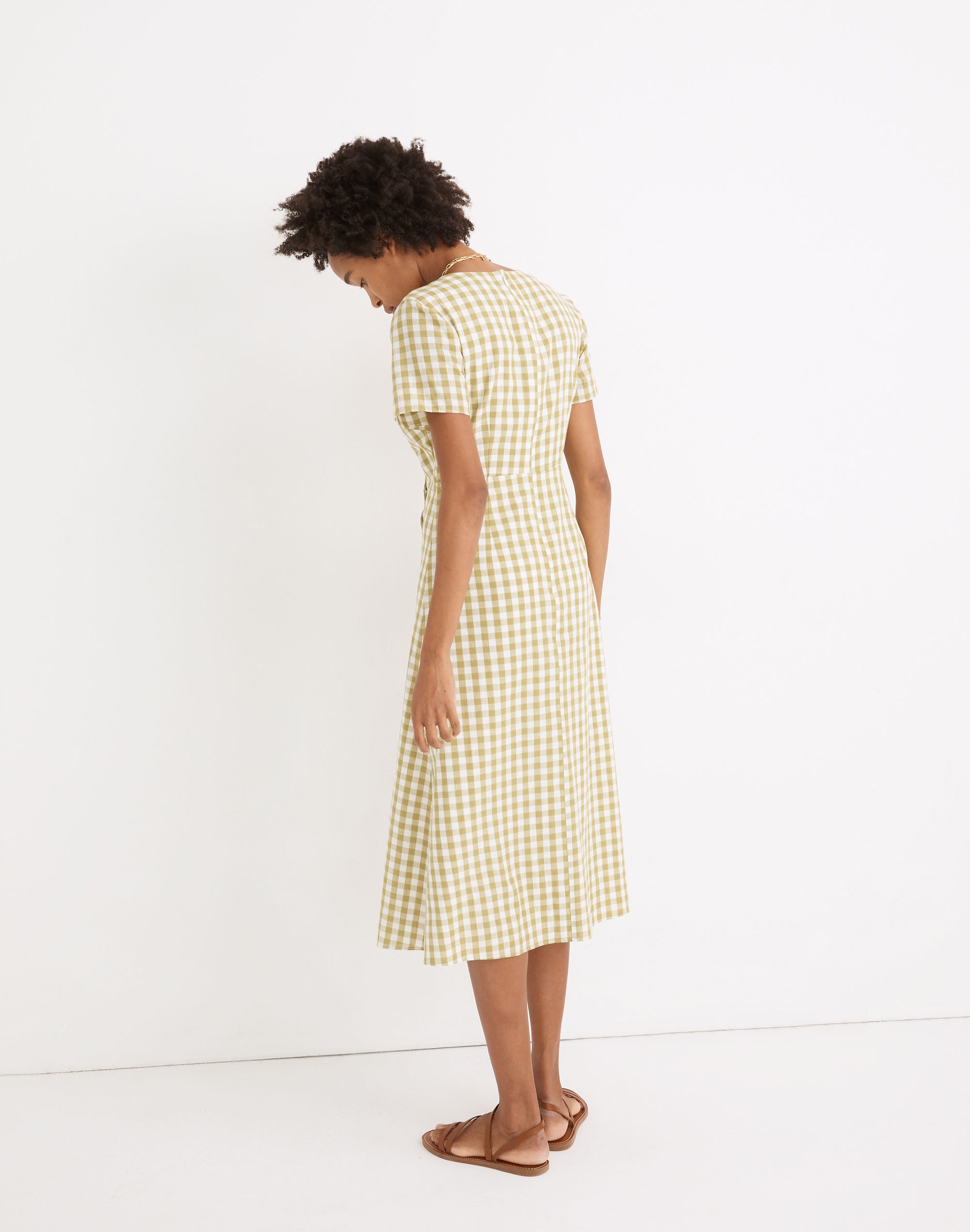 Button-Wrap Midi Dress in Gingham Check