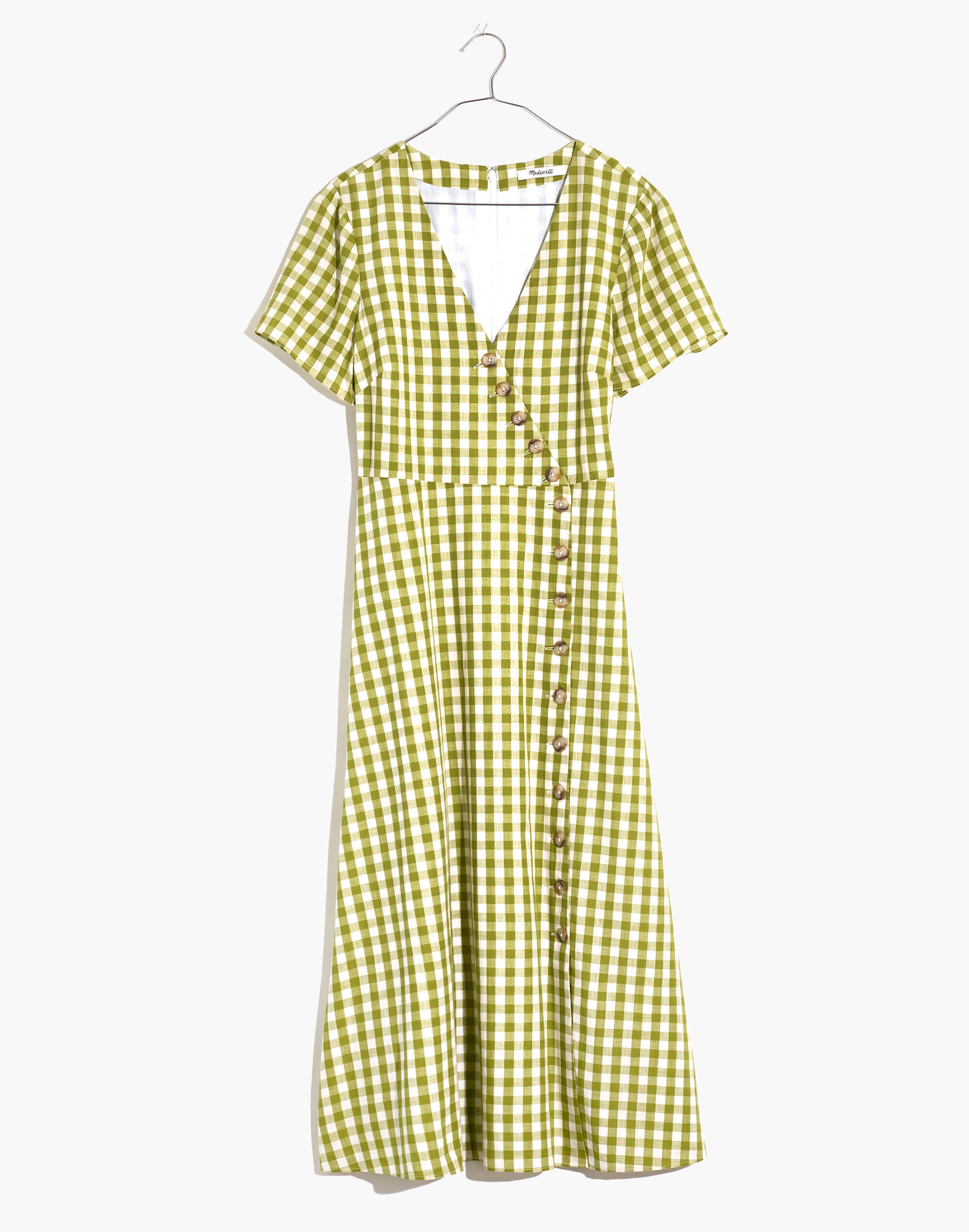 Button-Wrap Midi Dress in Gingham Check