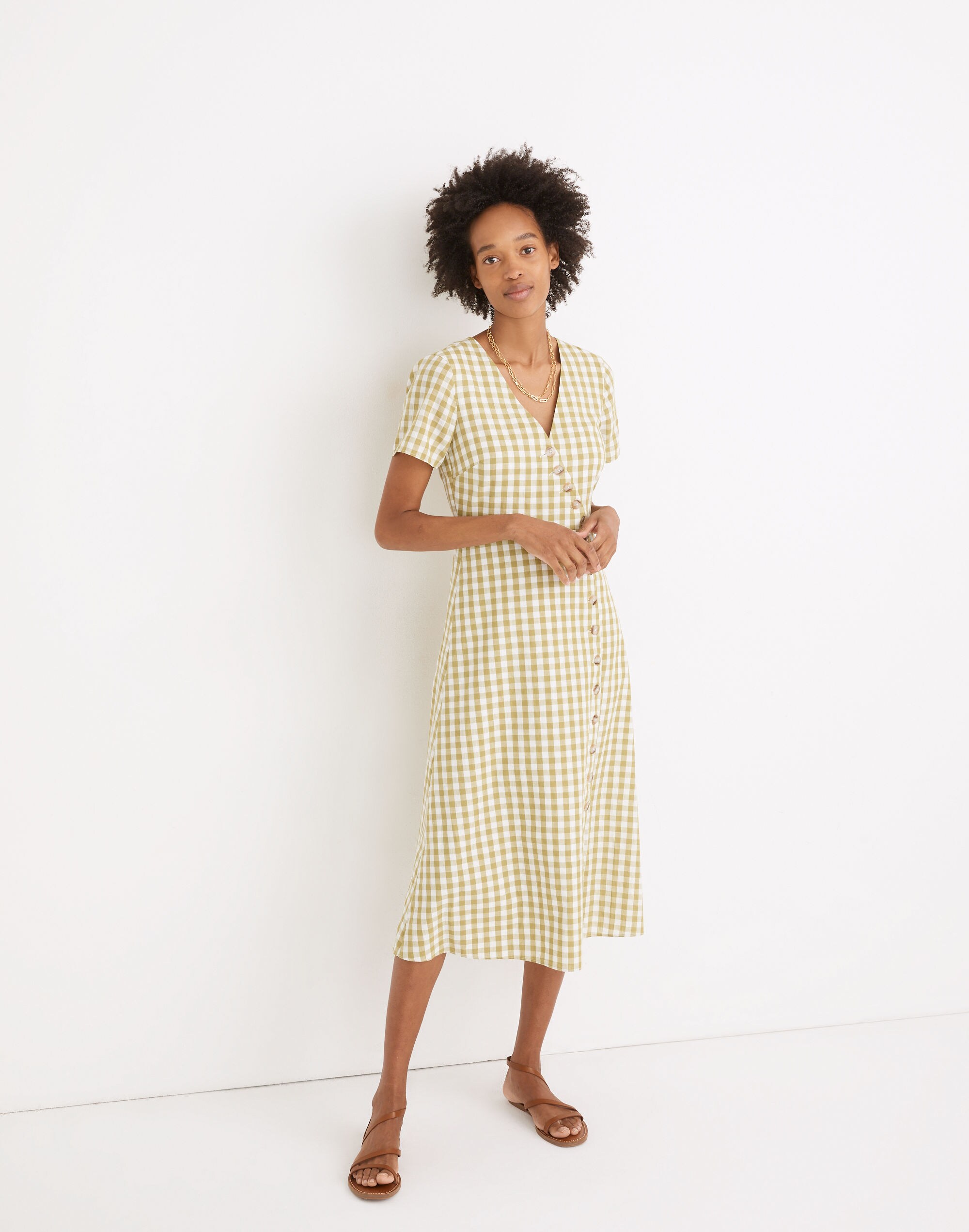 Button-Wrap Midi Dress in Gingham Check