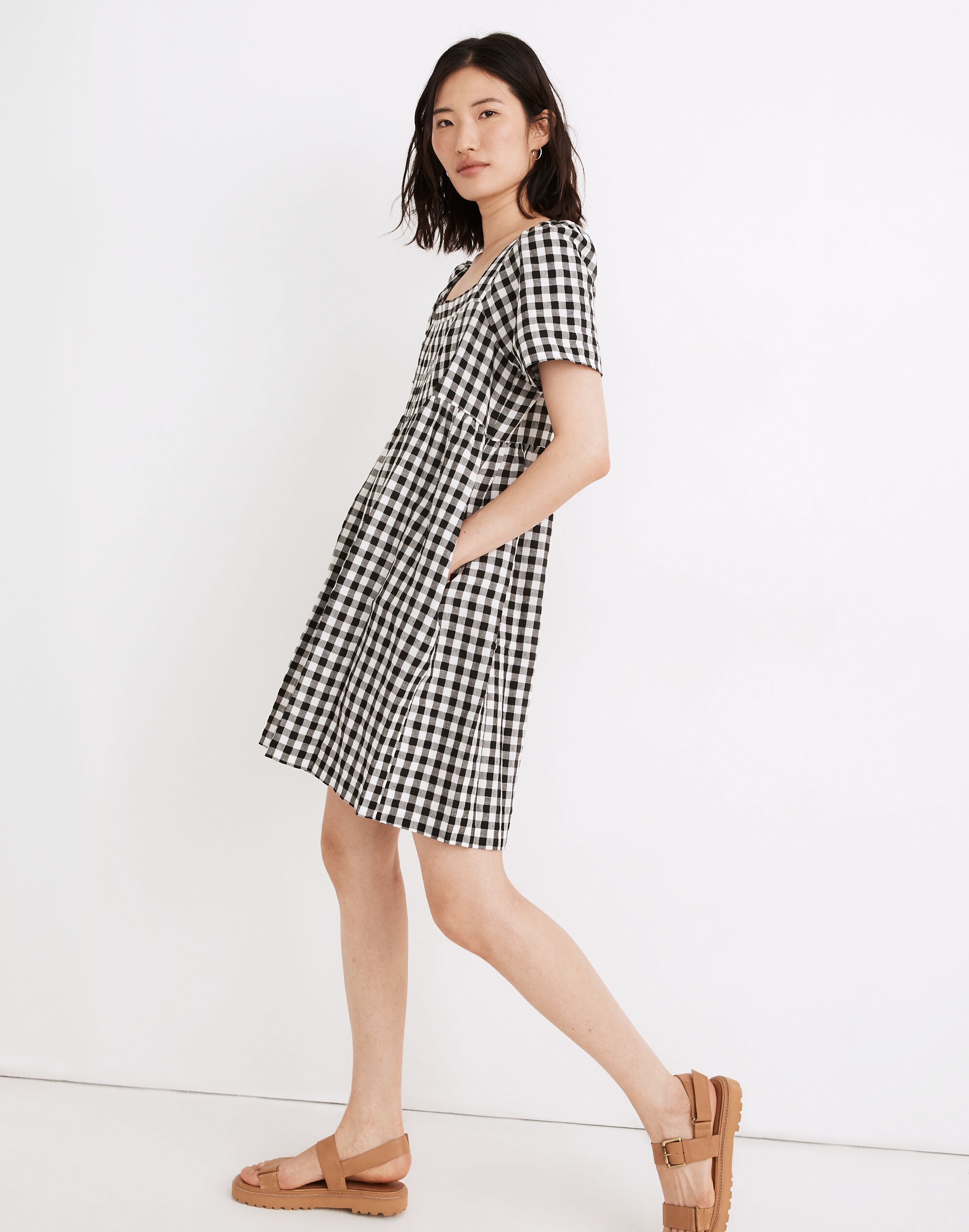 Linen-Blend Allie Mini Dress in Gingham Check