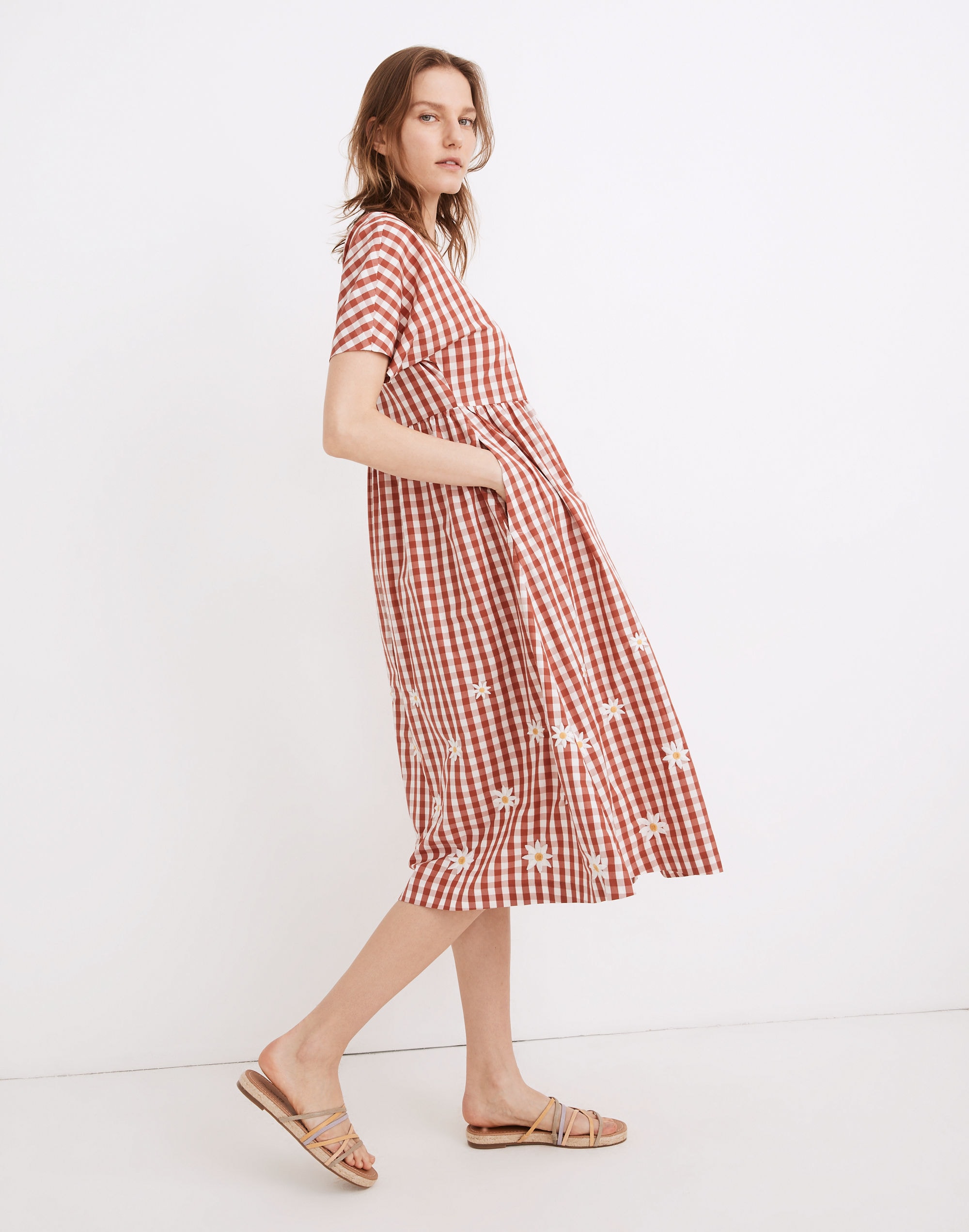 Daisy Embroidered Gingham Button-Front Midi Dress