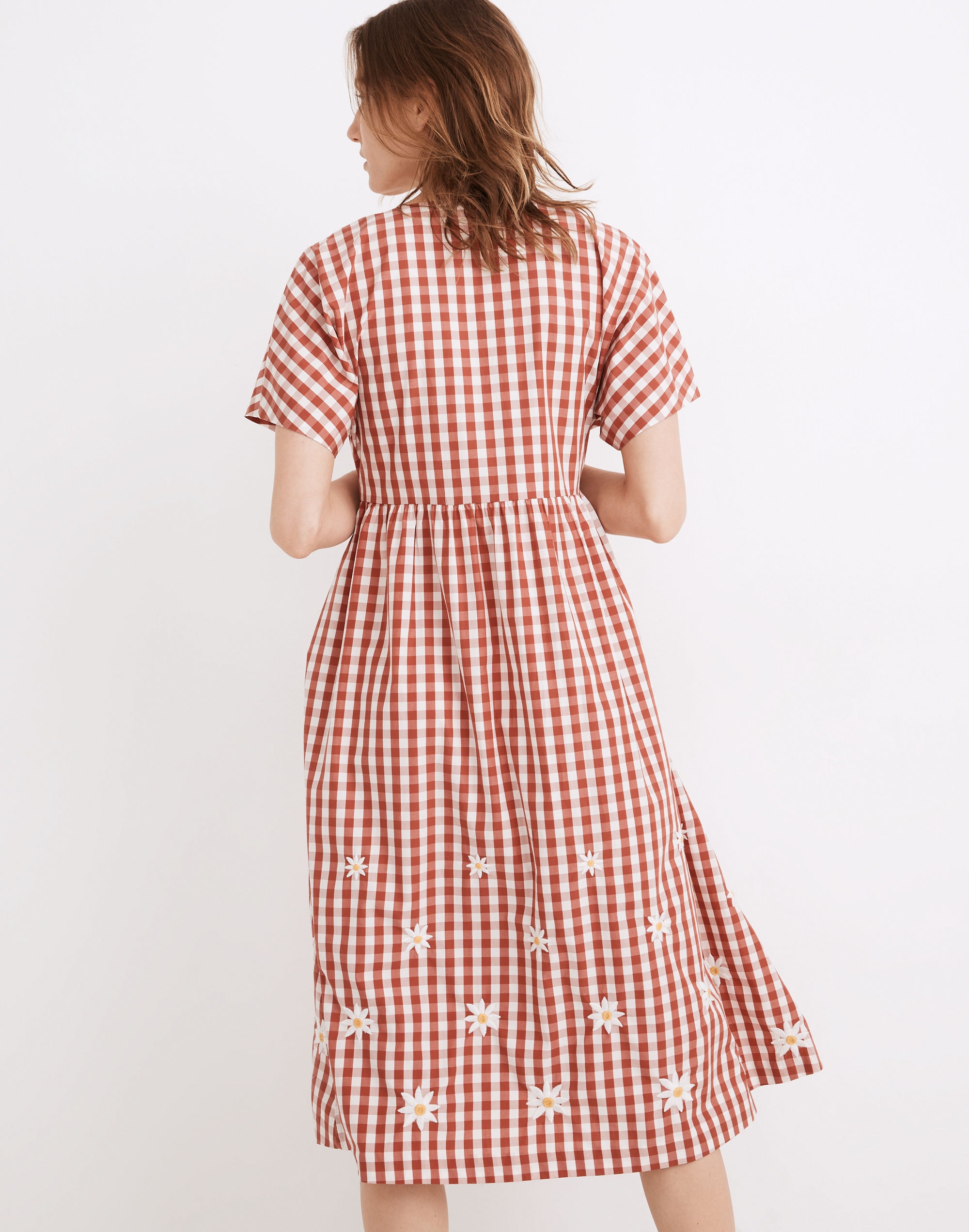 Daisy Embroidered Gingham Button-Front Midi Dress