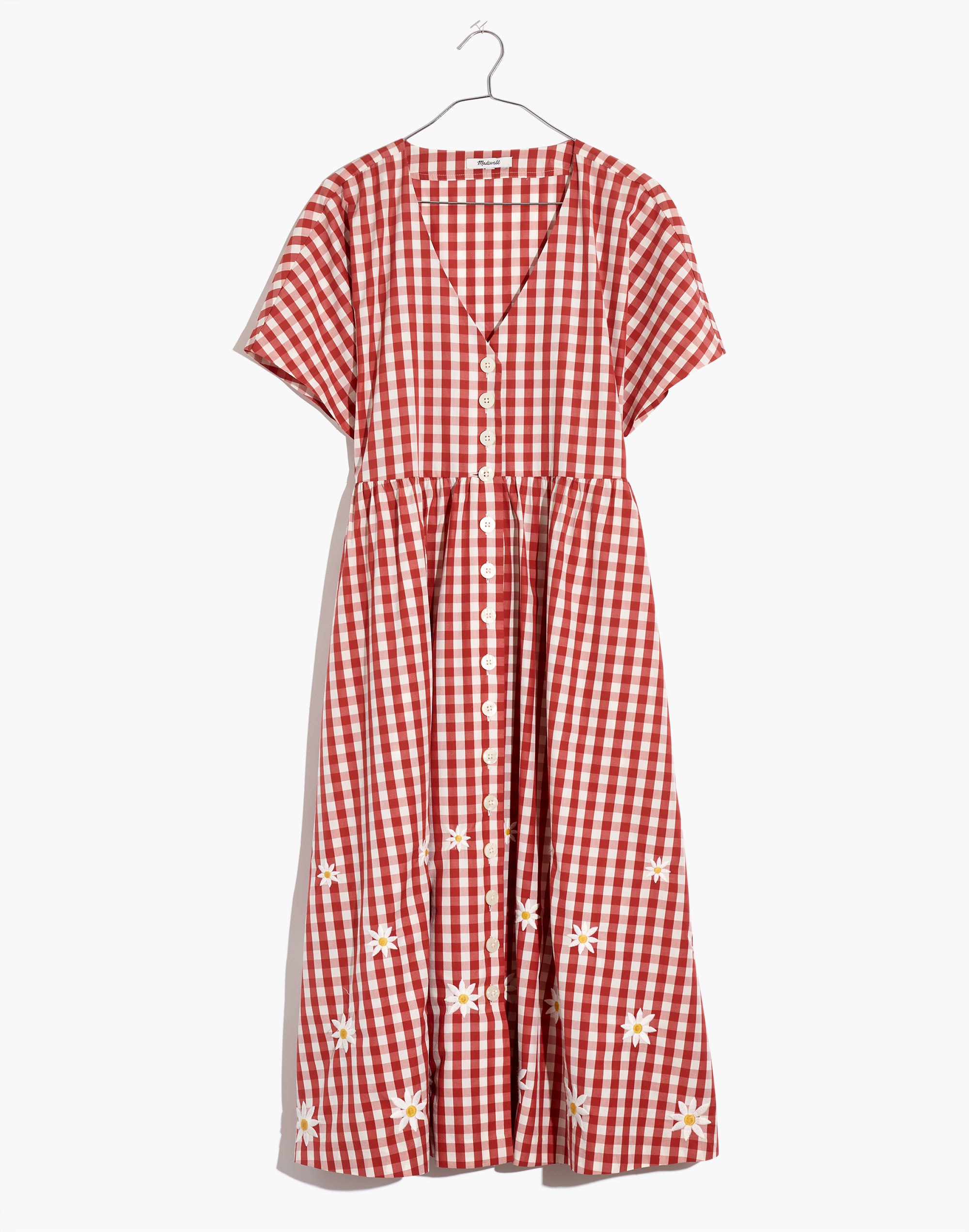 Daisy Embroidered Gingham Button-Front Midi Dress