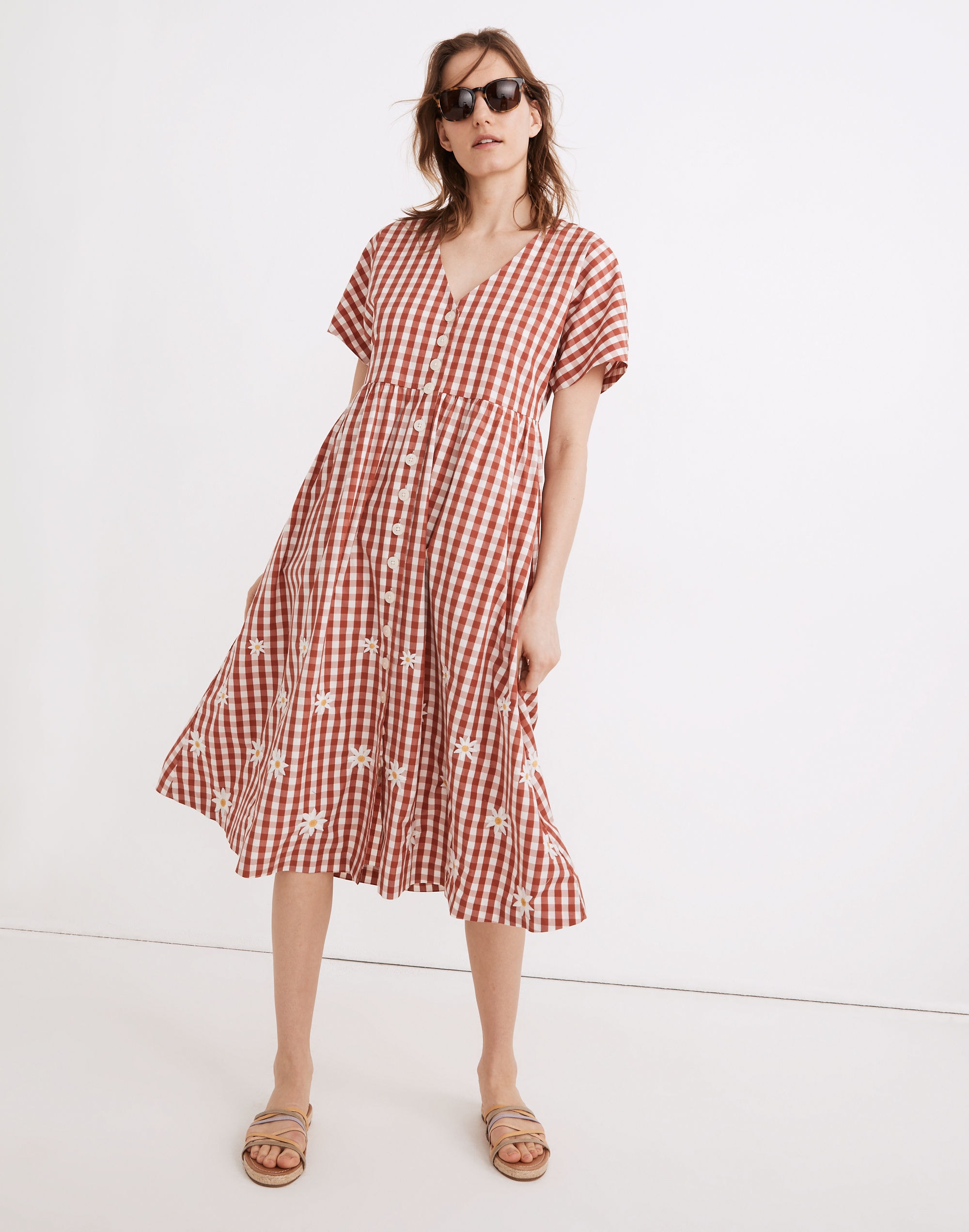 daisy embroidered gingham button-front midi dress