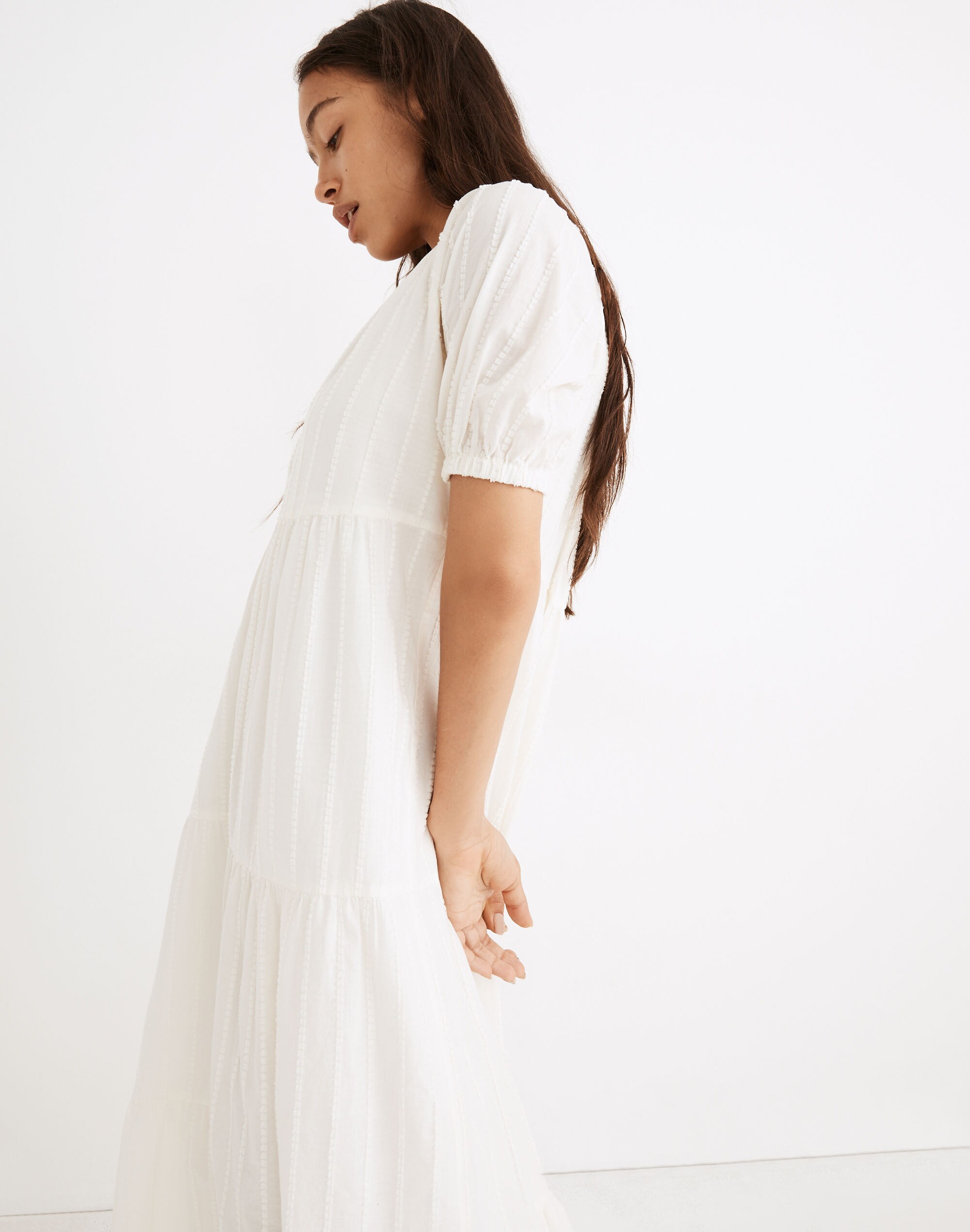 Bubble-Sleeve Tiered Midi Dress in Textural Stripe