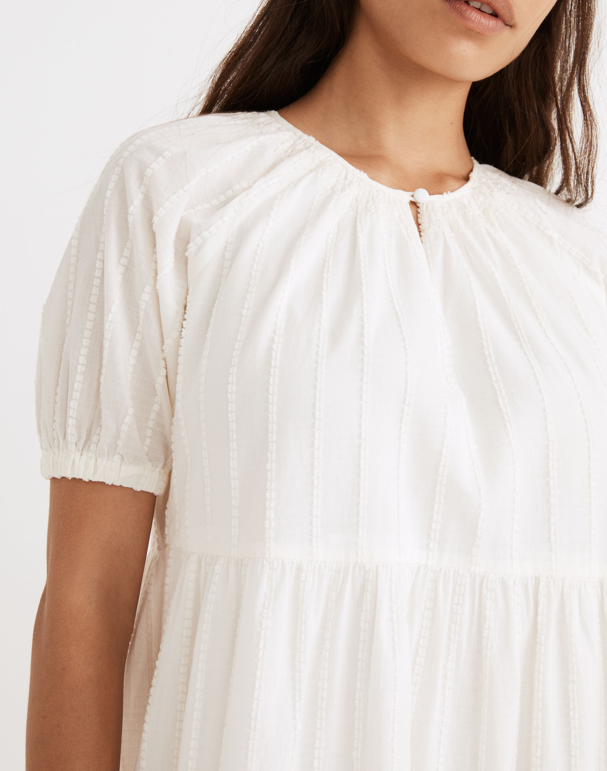 Bubble-Sleeve Tiered Midi Dress in Textural Stripe