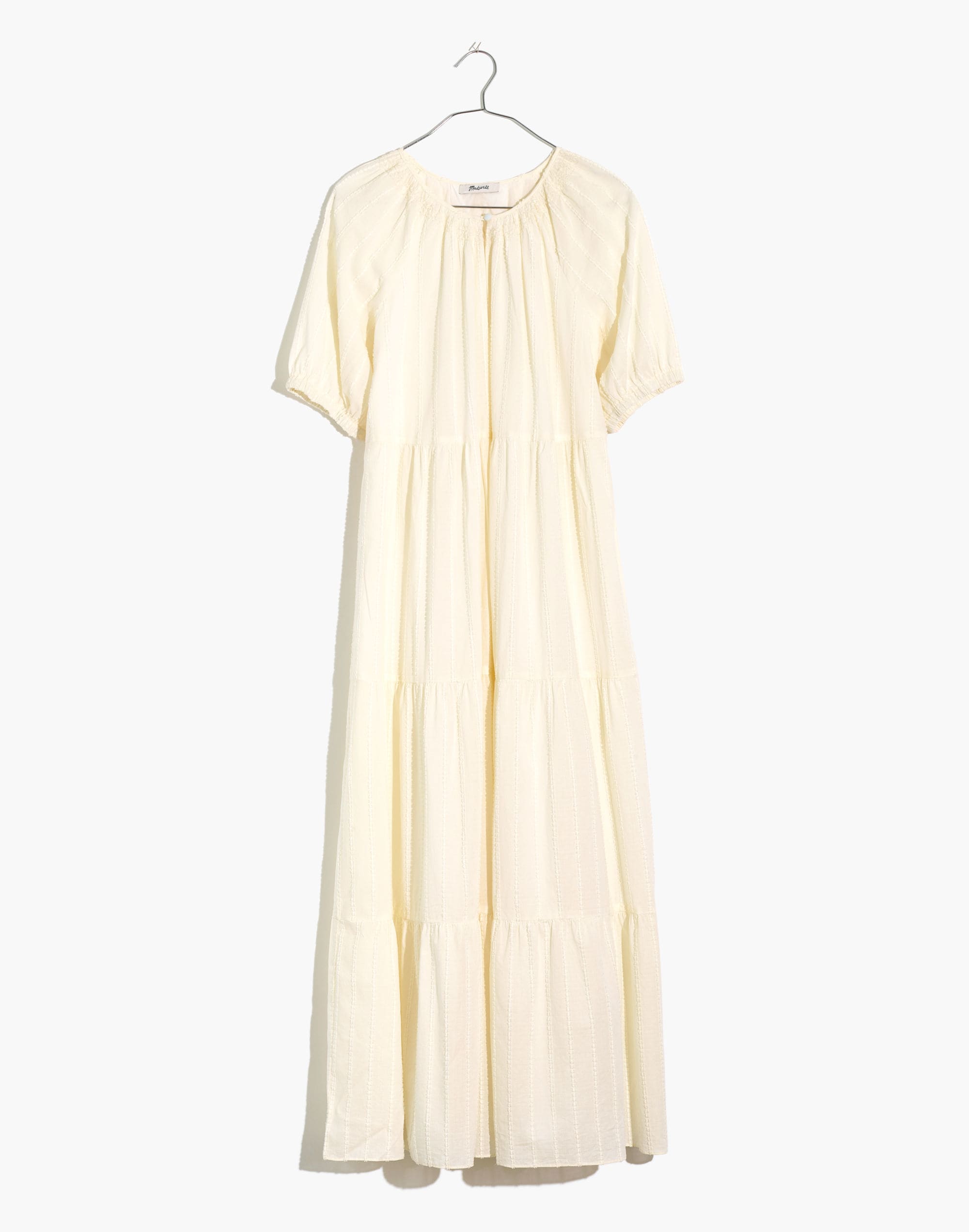 Bubble-Sleeve Tiered Midi Dress in Textural Stripe