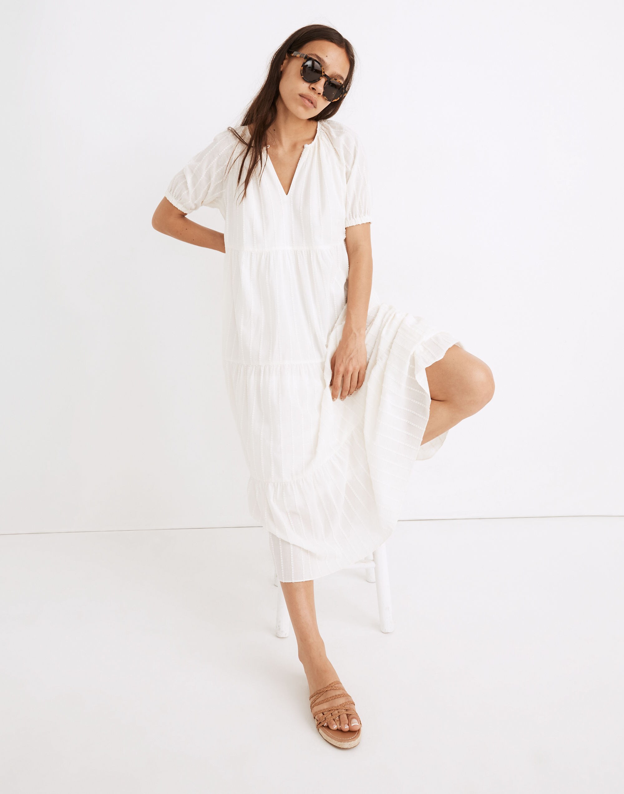 Bubble-Sleeve Tiered Midi Dress in Textural Stripe