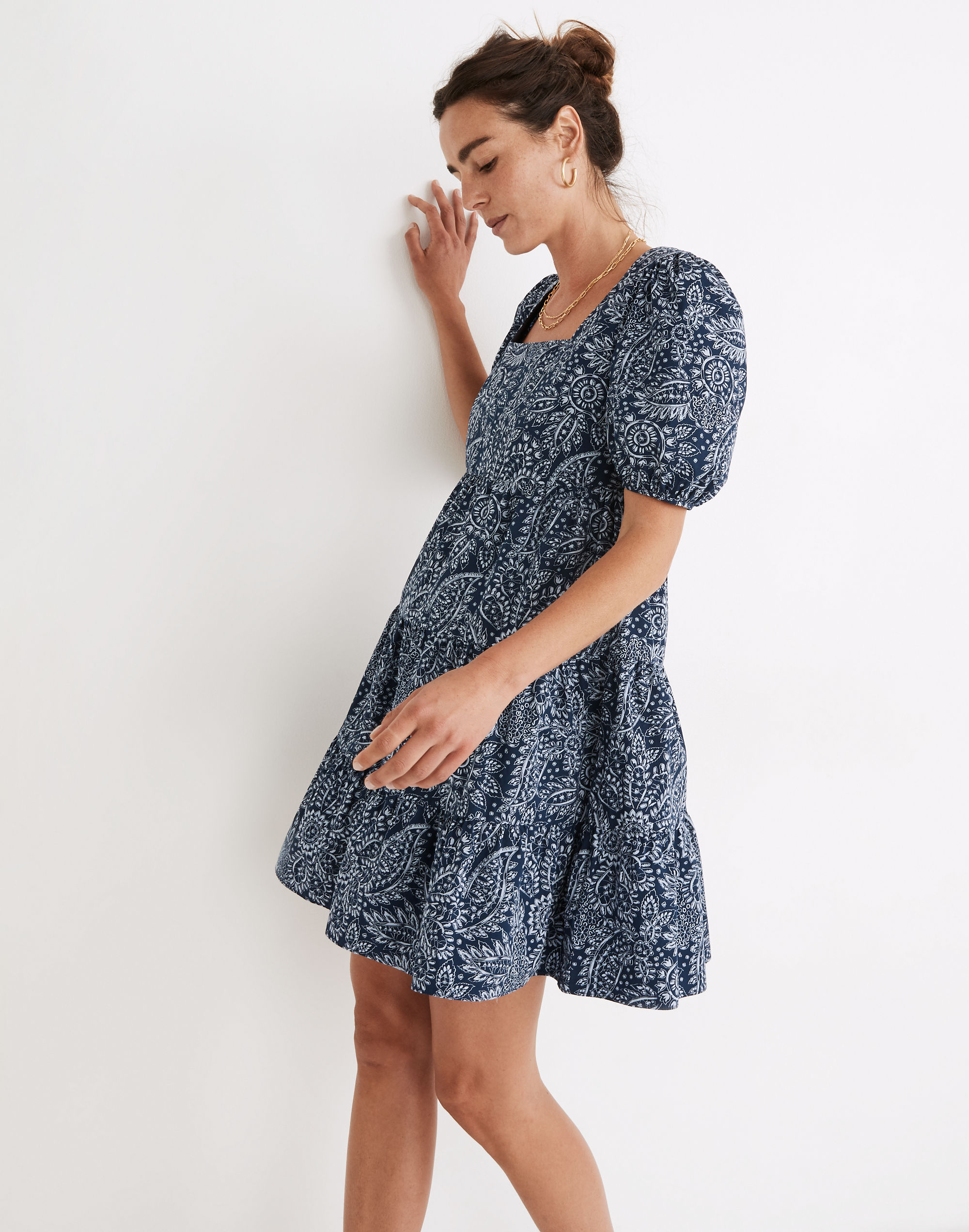 Poplin Puff-Sleeve Tiered Babydoll Dress in Paisley Garden