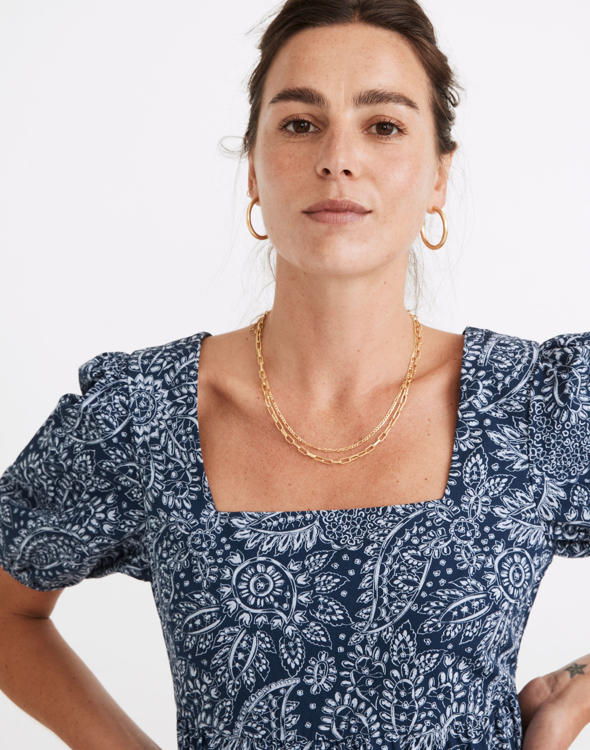 Poplin Puff-Sleeve Tiered Babydoll Dress in Paisley Garden