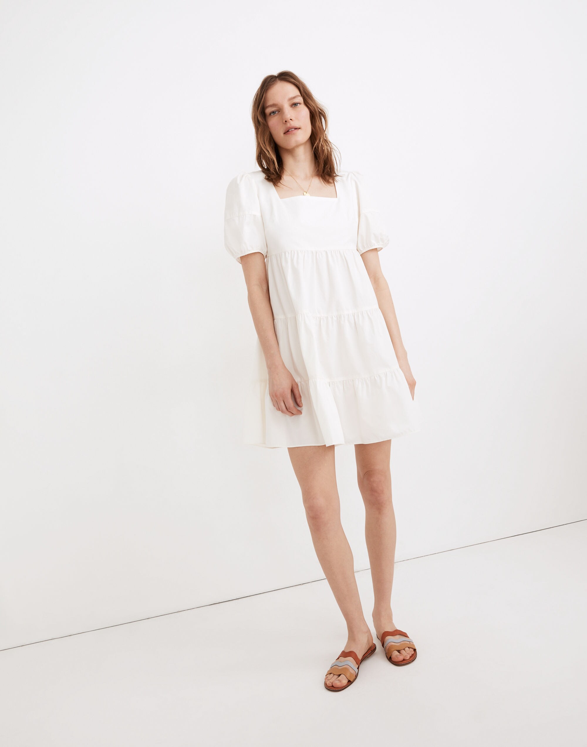 Poplin Puff-Sleeve Tiered Babydoll Dress