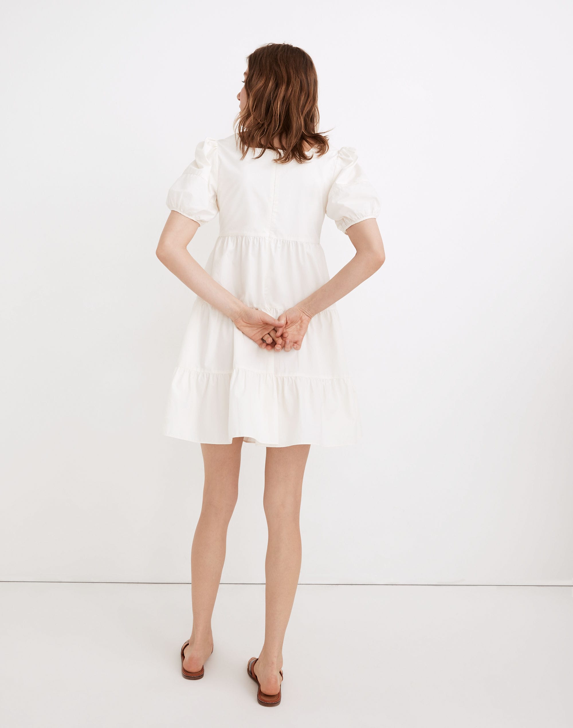 Poplin Puff-Sleeve Tiered Babydoll Dress
