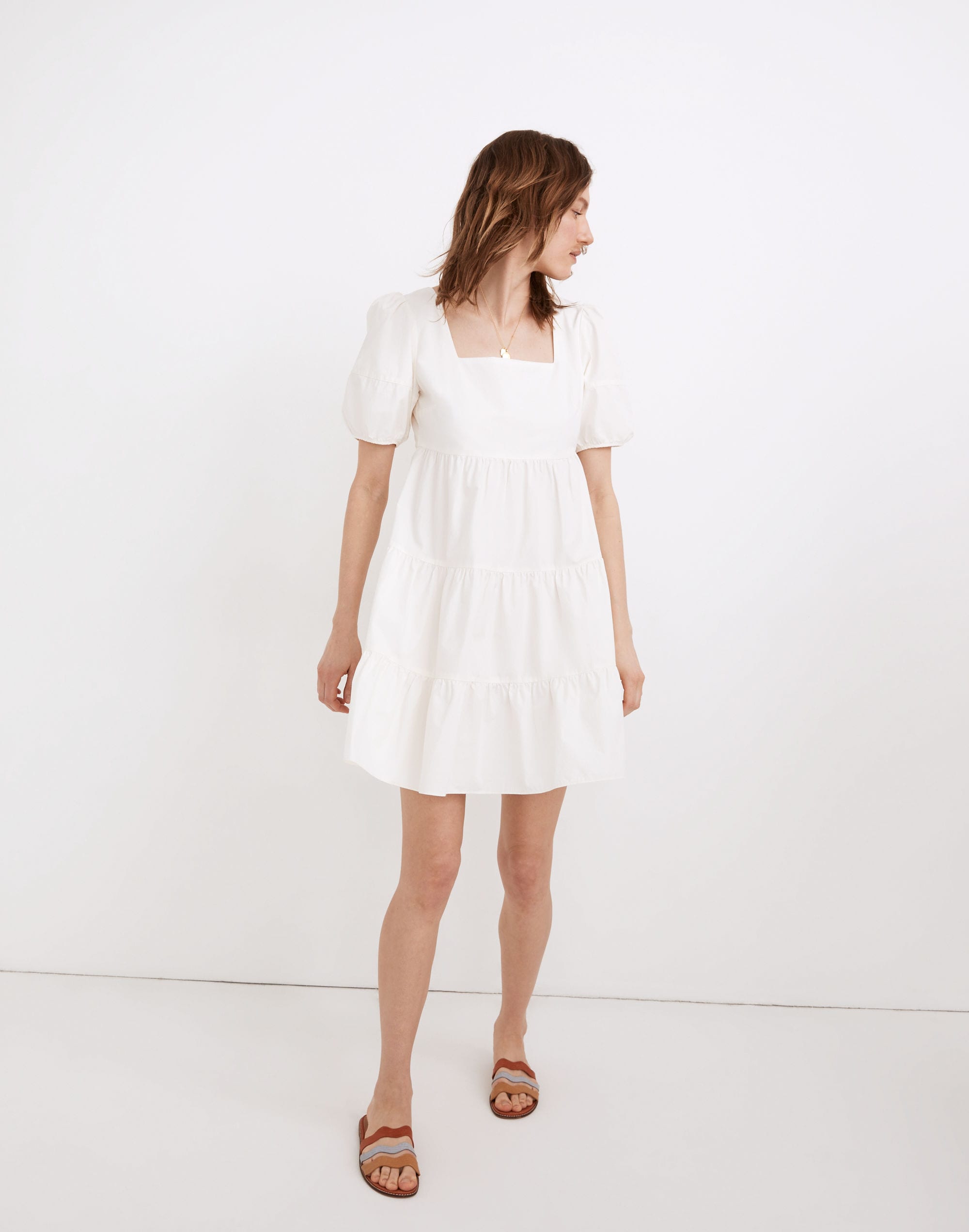 Poplin Puff-Sleeve Tiered Babydoll Dress