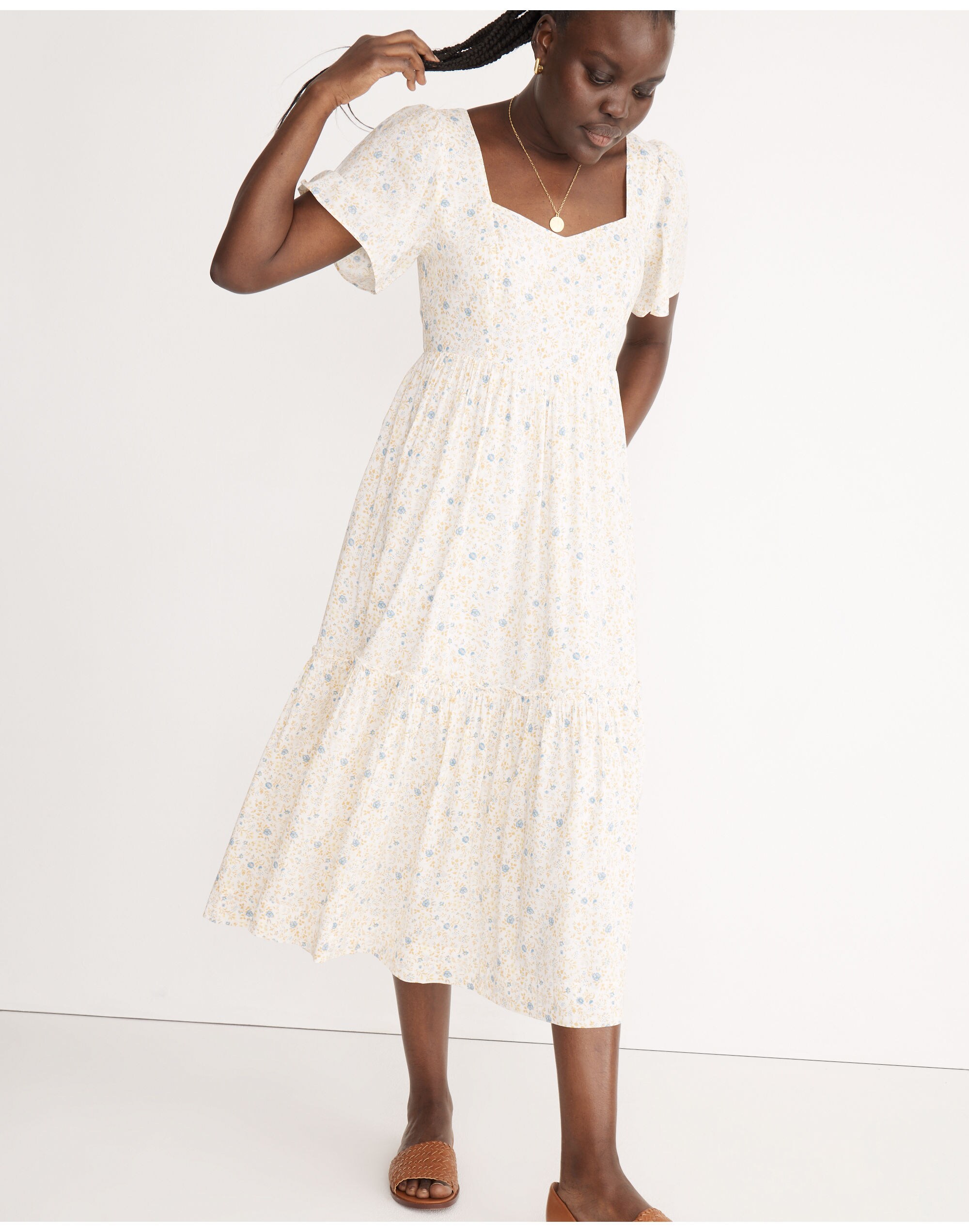 Flutter-Sleeve Tiered Maxi Dress in Folkmagic Floral