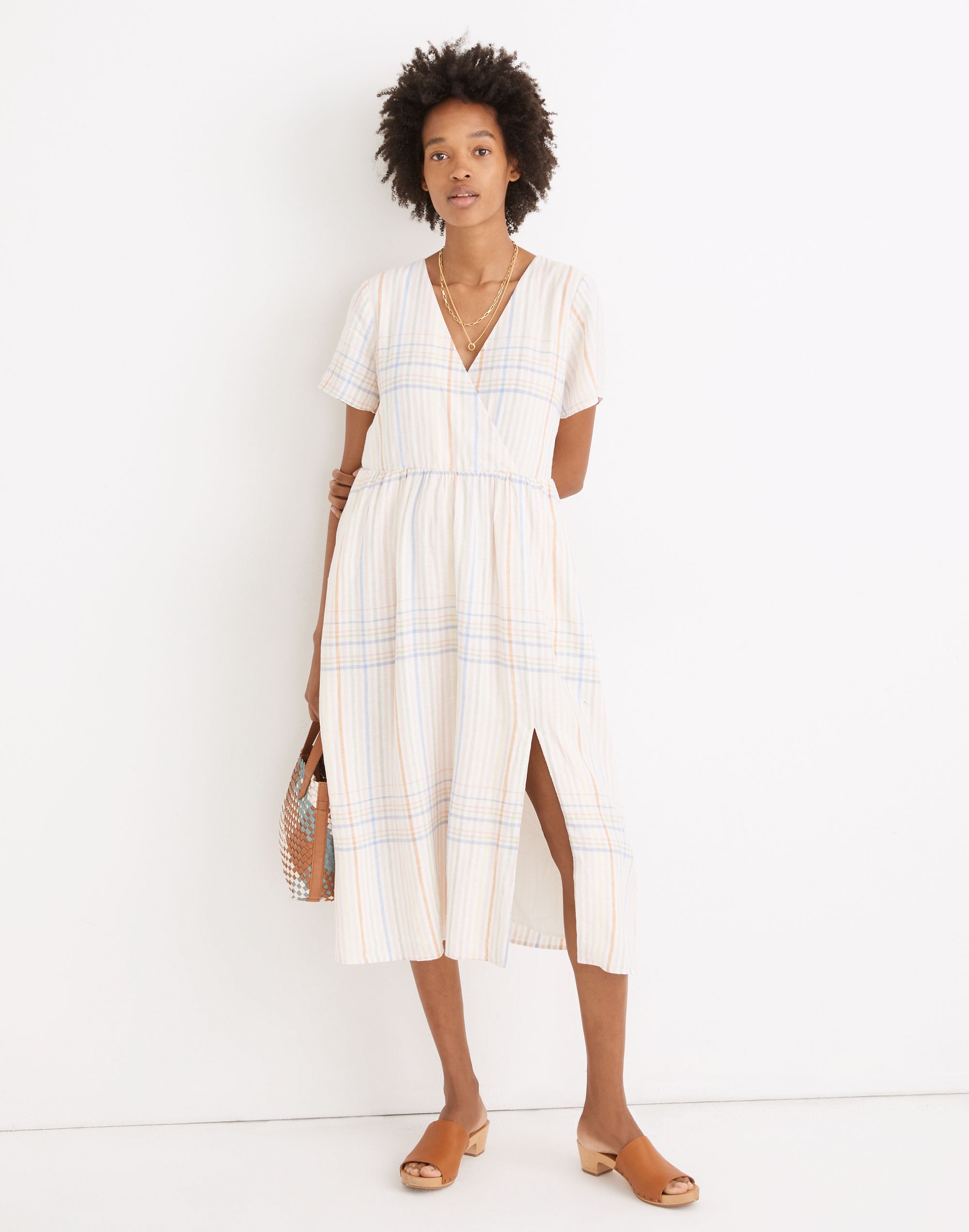 linen-blend clara midi dress in plaid