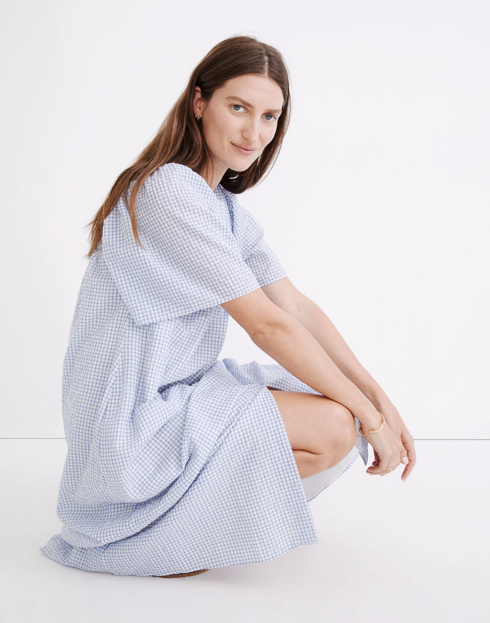 Flutter-Sleeve Caftan Dress in Gingham
