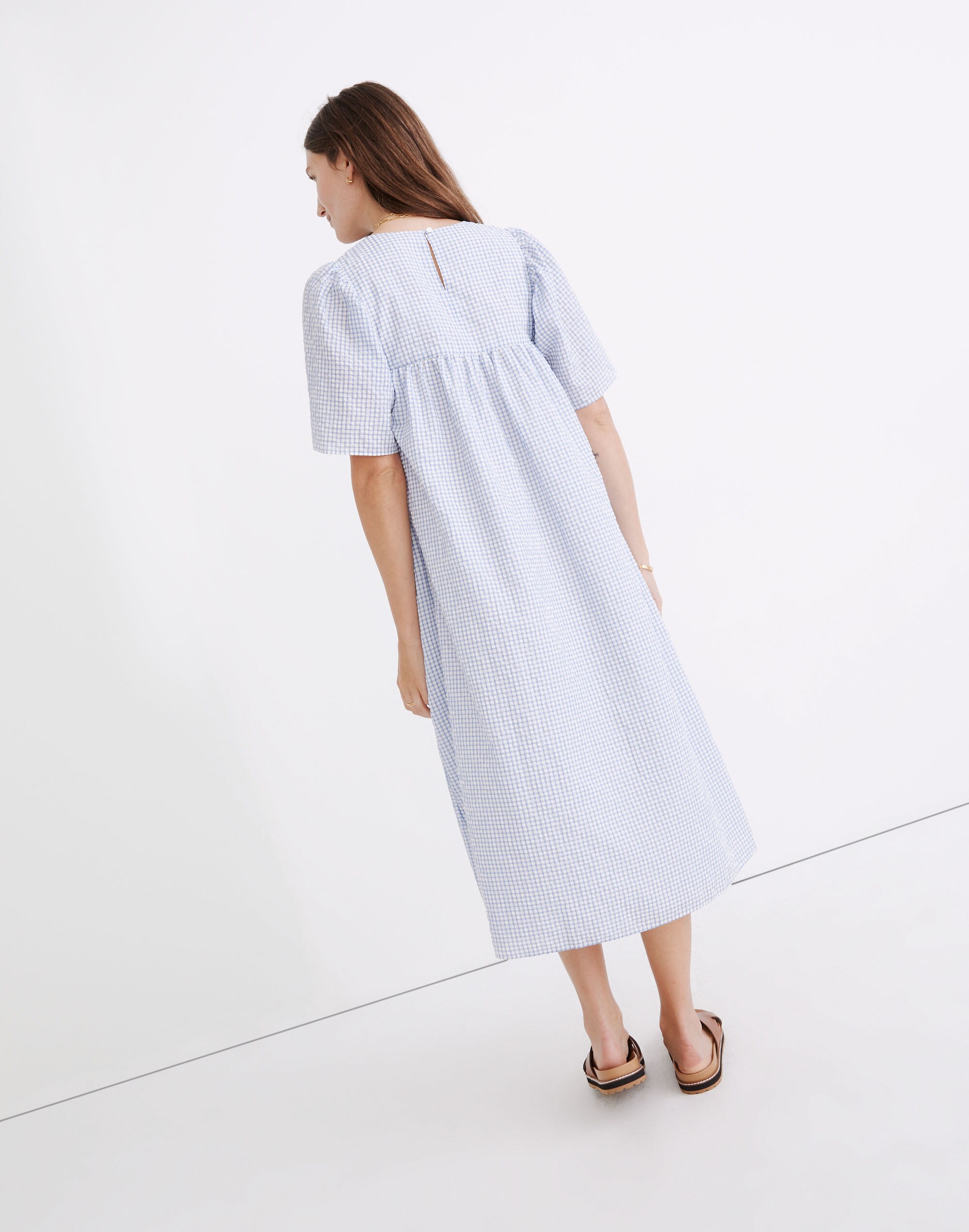 Flutter-Sleeve Caftan Dress in Gingham