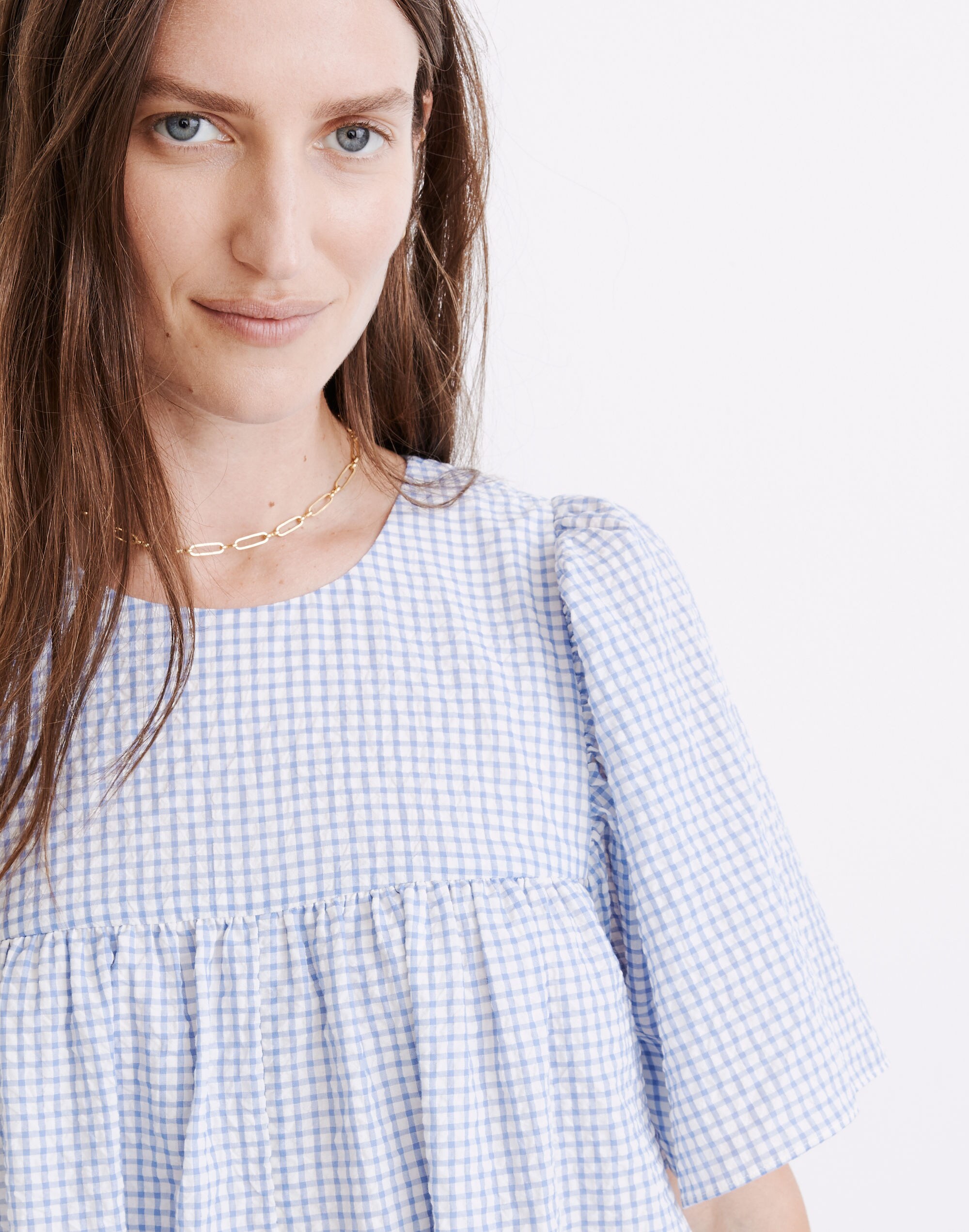 Flutter-Sleeve Caftan Dress in Gingham
