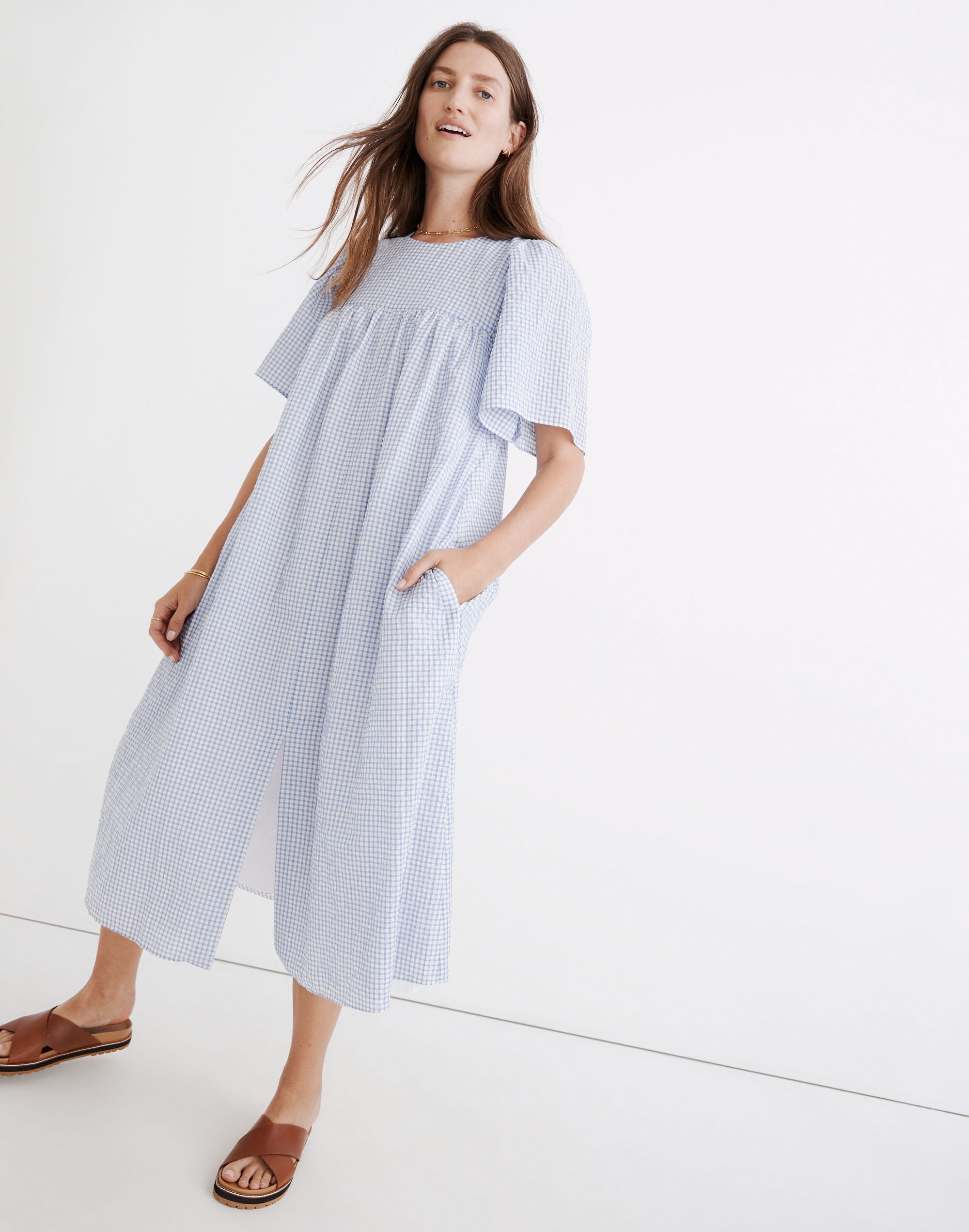 Flutter-Sleeve Caftan Dress in Gingham