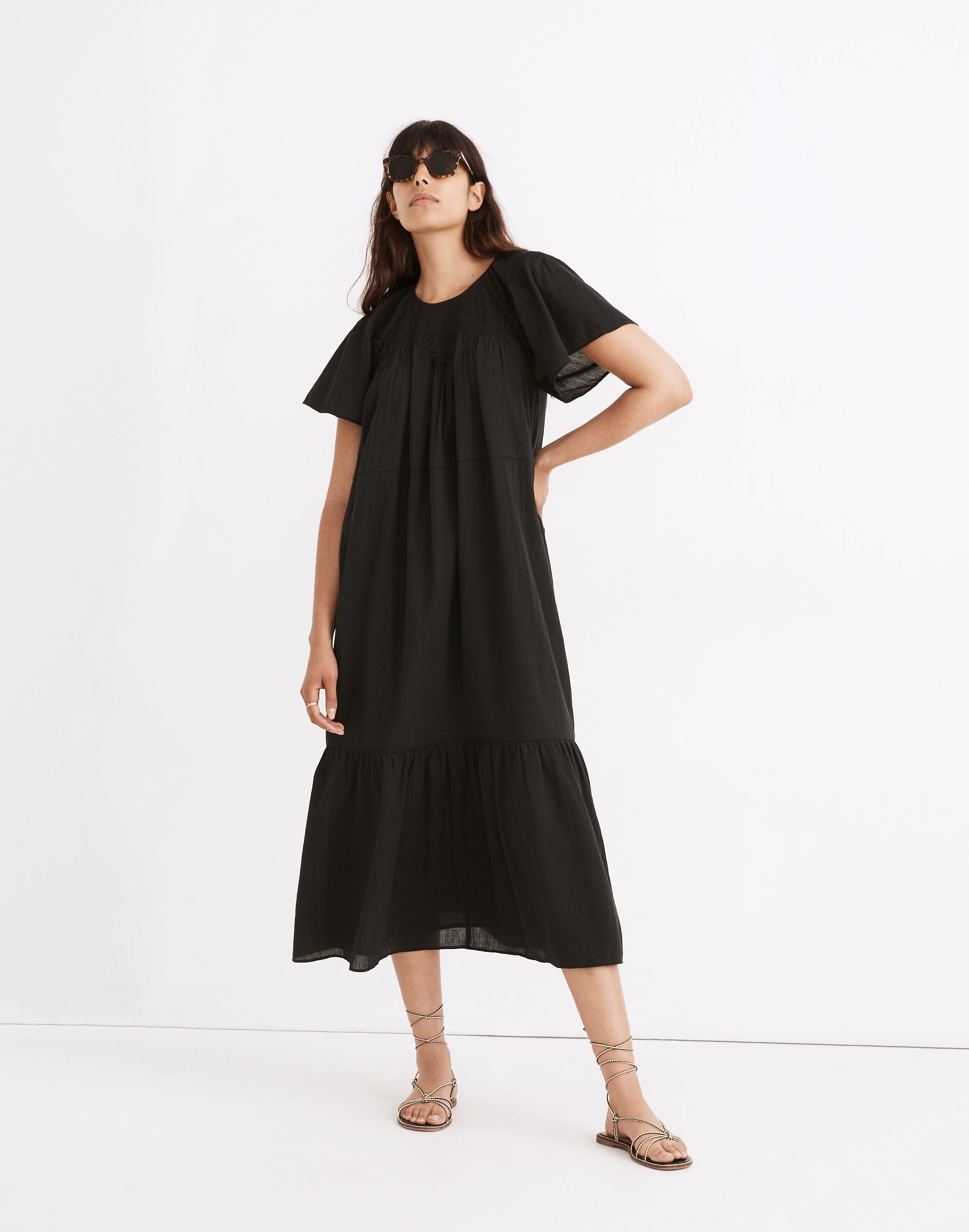 Embroidered Smocked Midi Dress