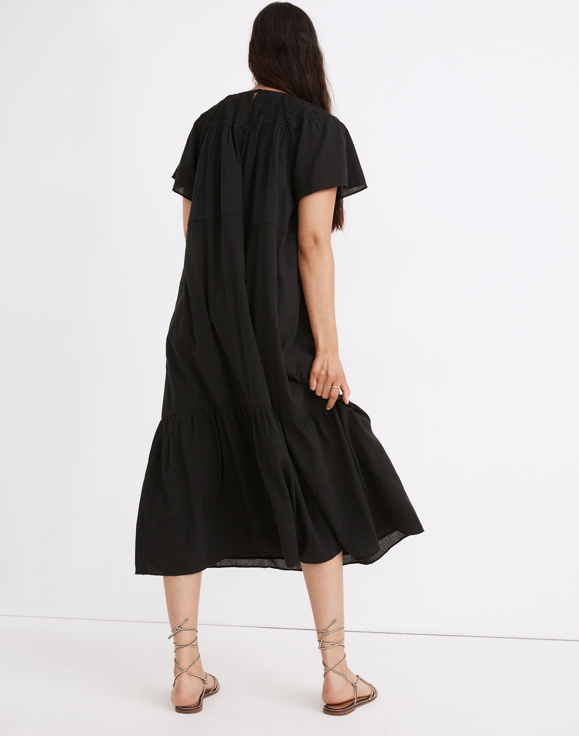 Embroidered Smocked Midi Dress