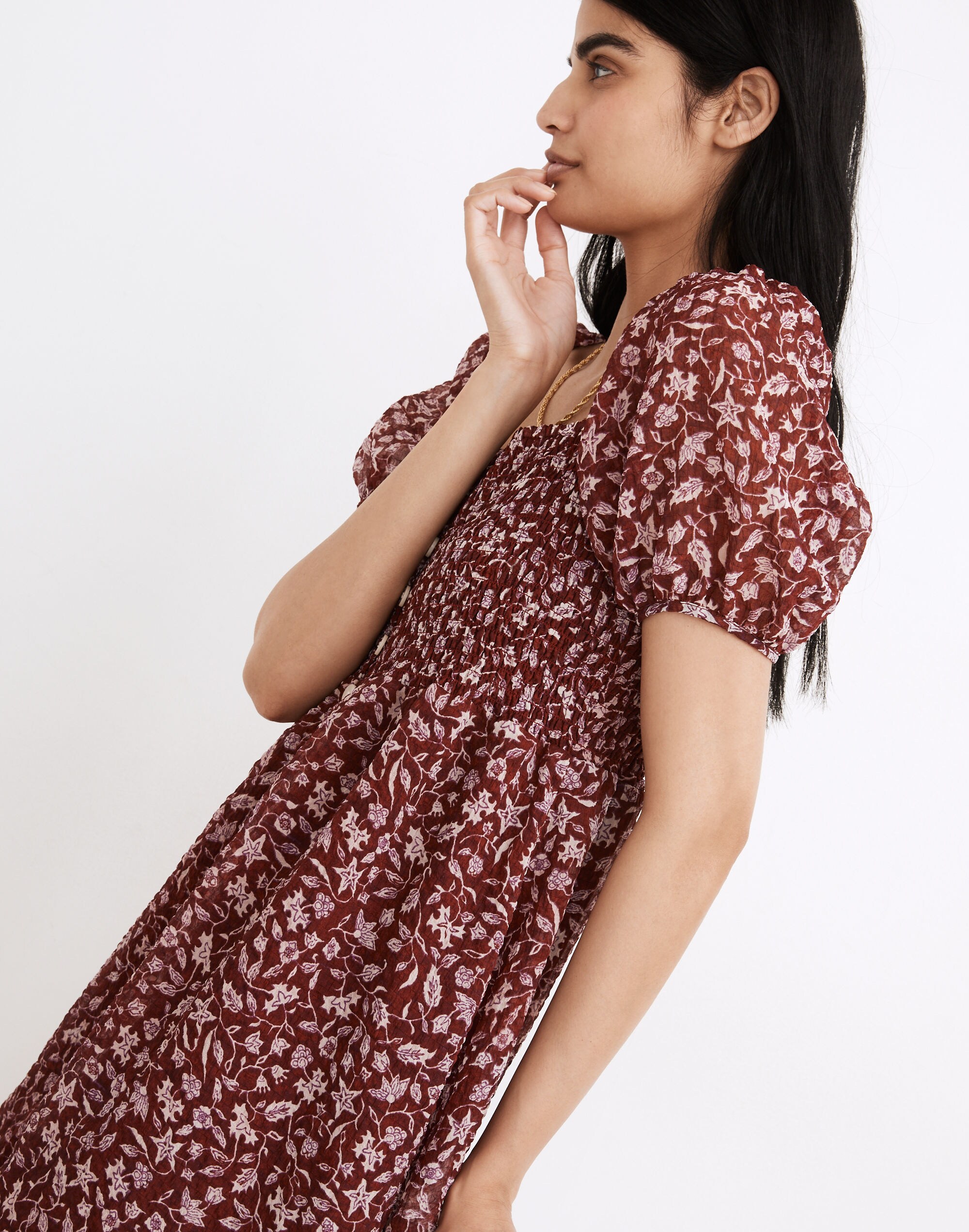 Lucie Smocked Button-Front Midi Dress in Batik Vine
