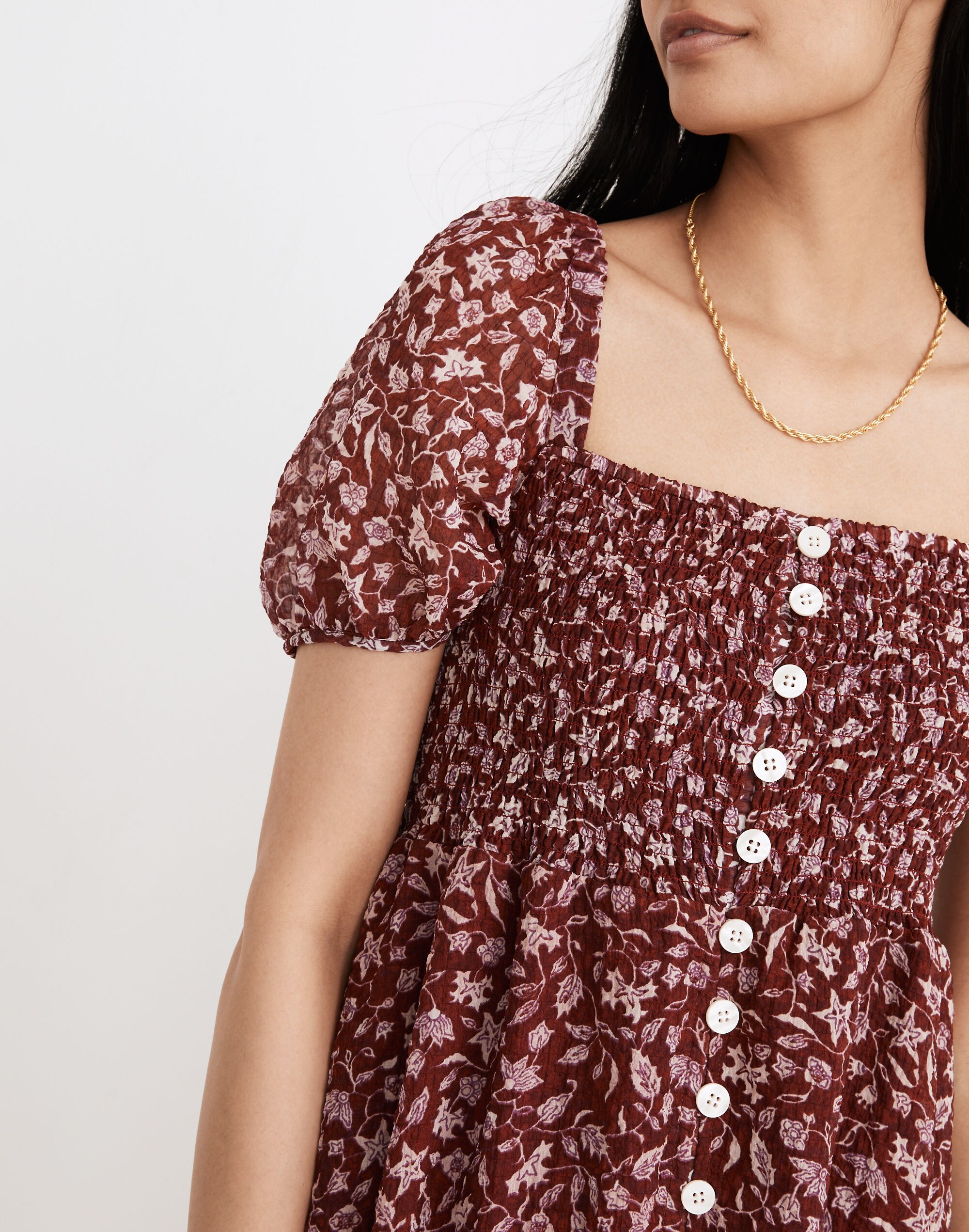 Lucie Smocked Button-Front Midi Dress in Batik Vine