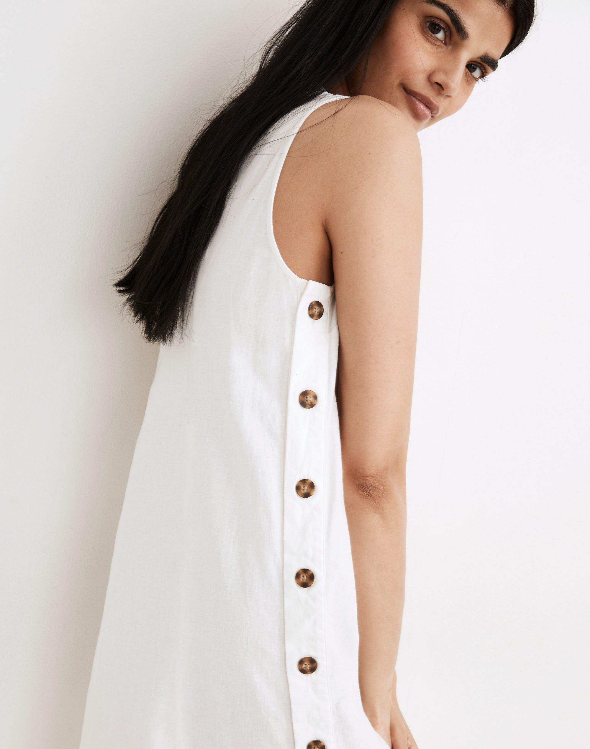Linen-Cotton Side-Button Midi Dress