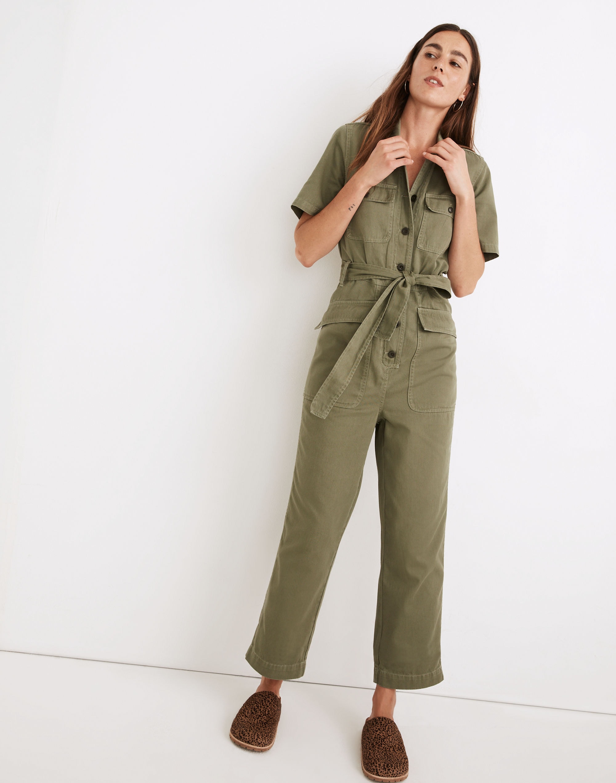 tie-waist military jumpsuit