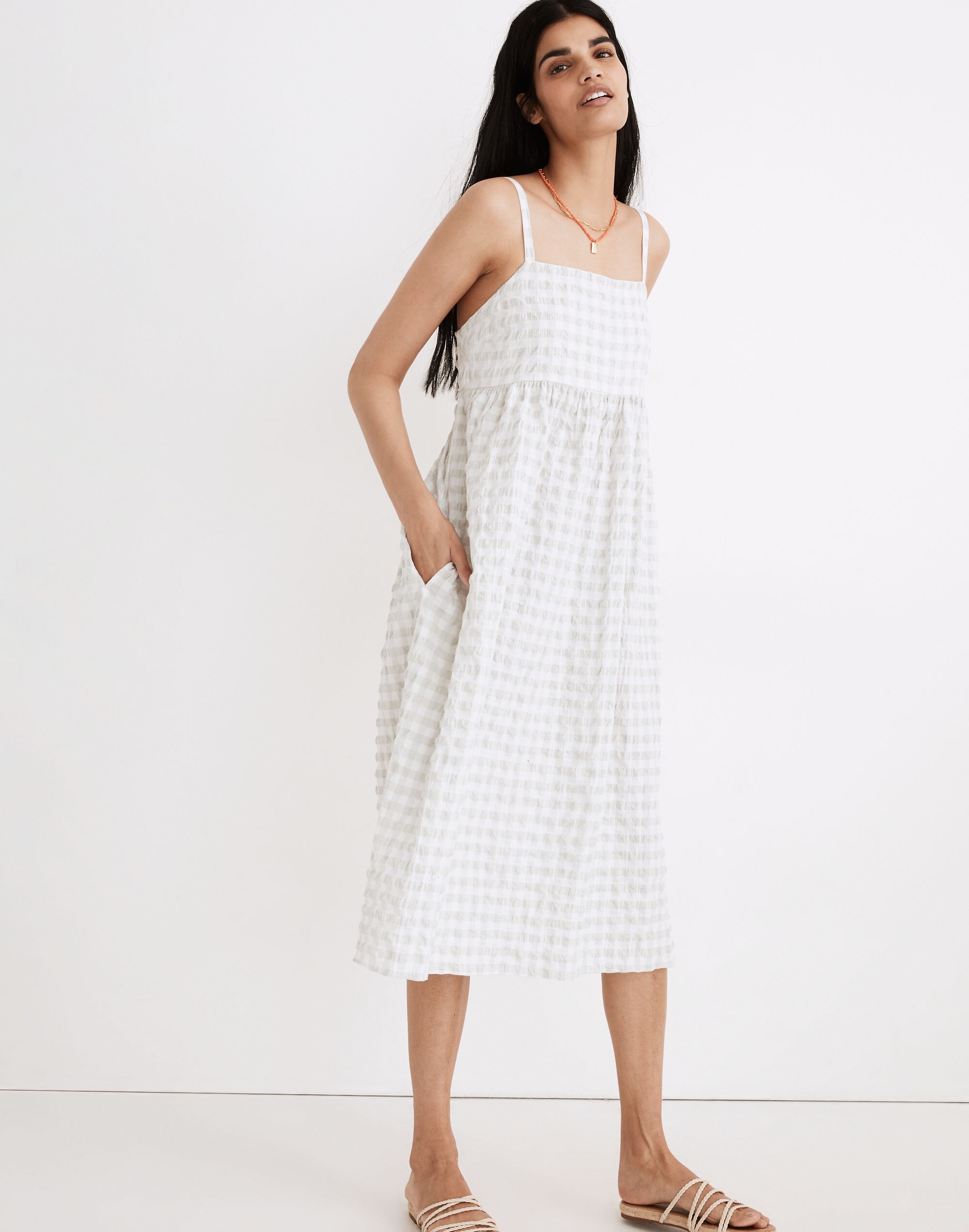 Petite Summertime Cami Midi Dress in Seersucker Gingham