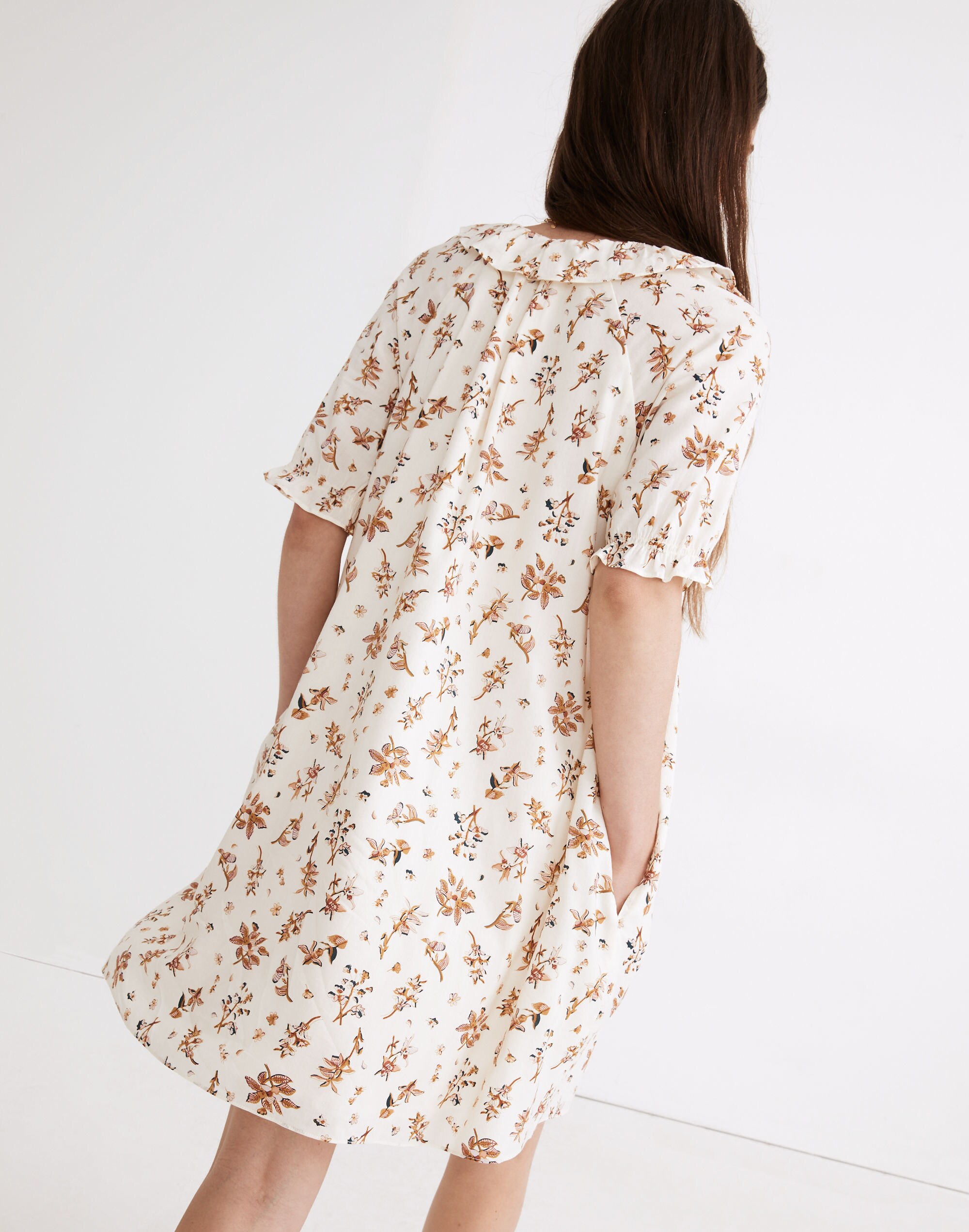 Ruffle Button-Front Trapeze Dress in Floral Reef
