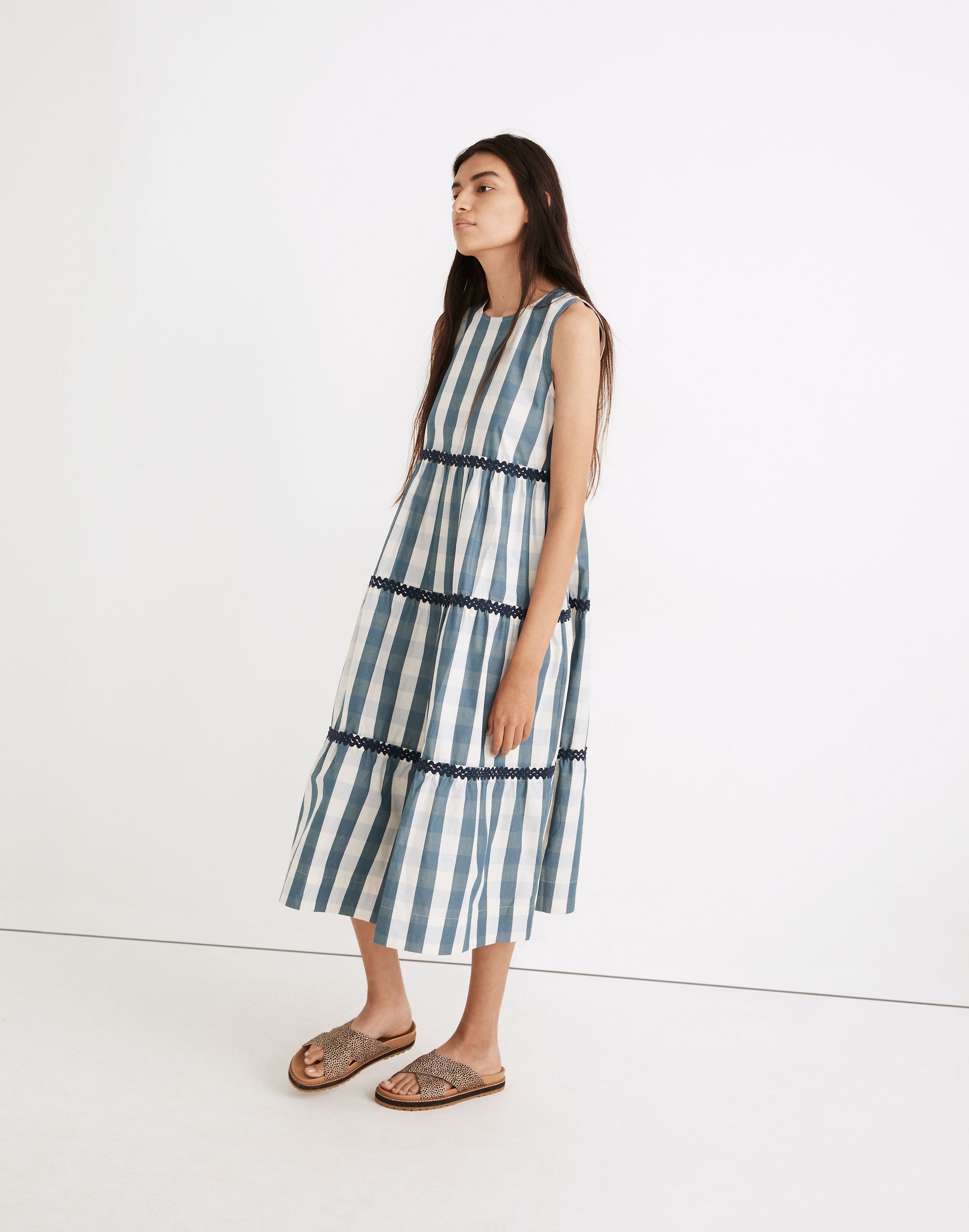 Rickrack Cattail Tiered Dress in Gingham Check