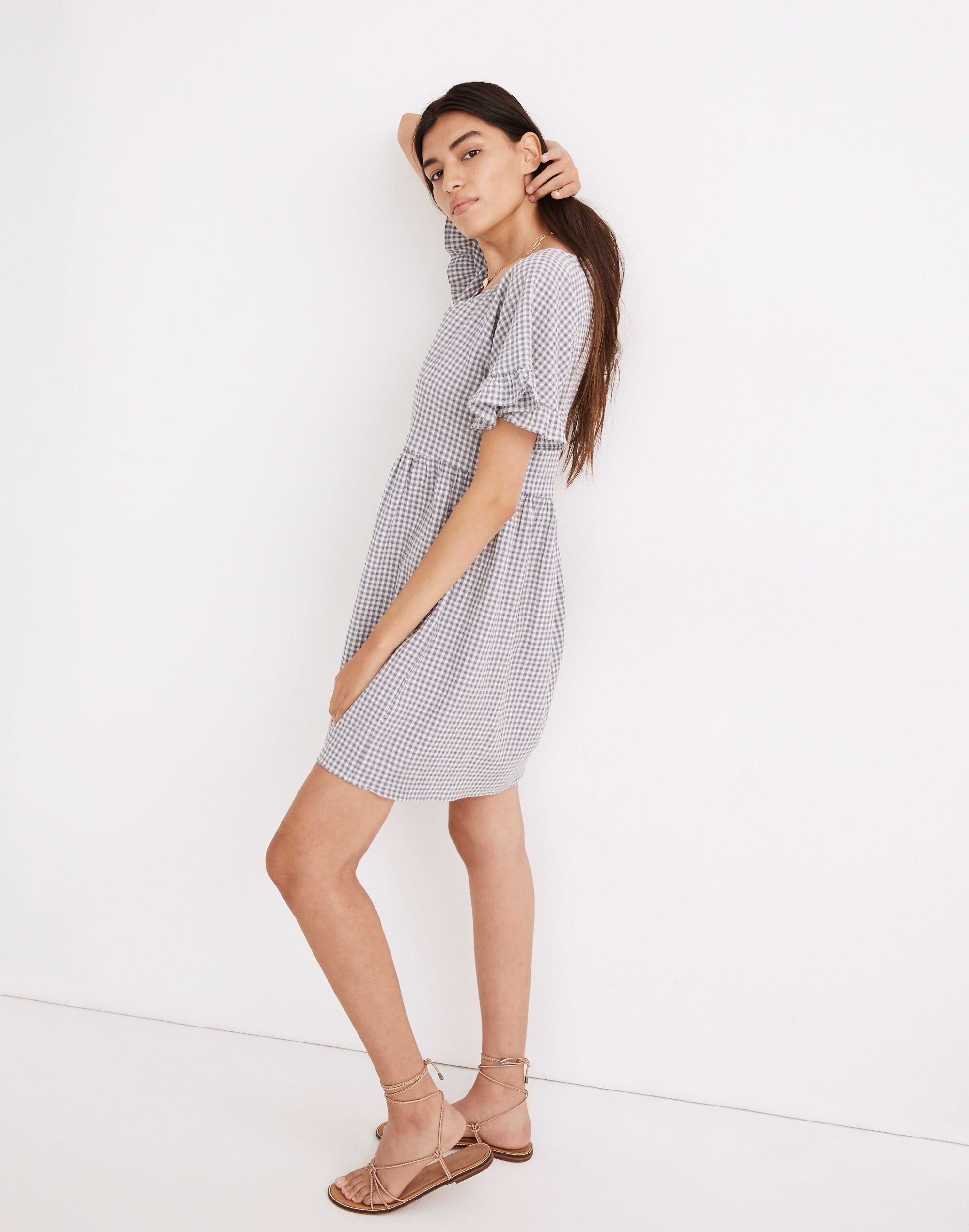 Ruffle-Sleeve Babydoll Dress in Seersucker Gingham