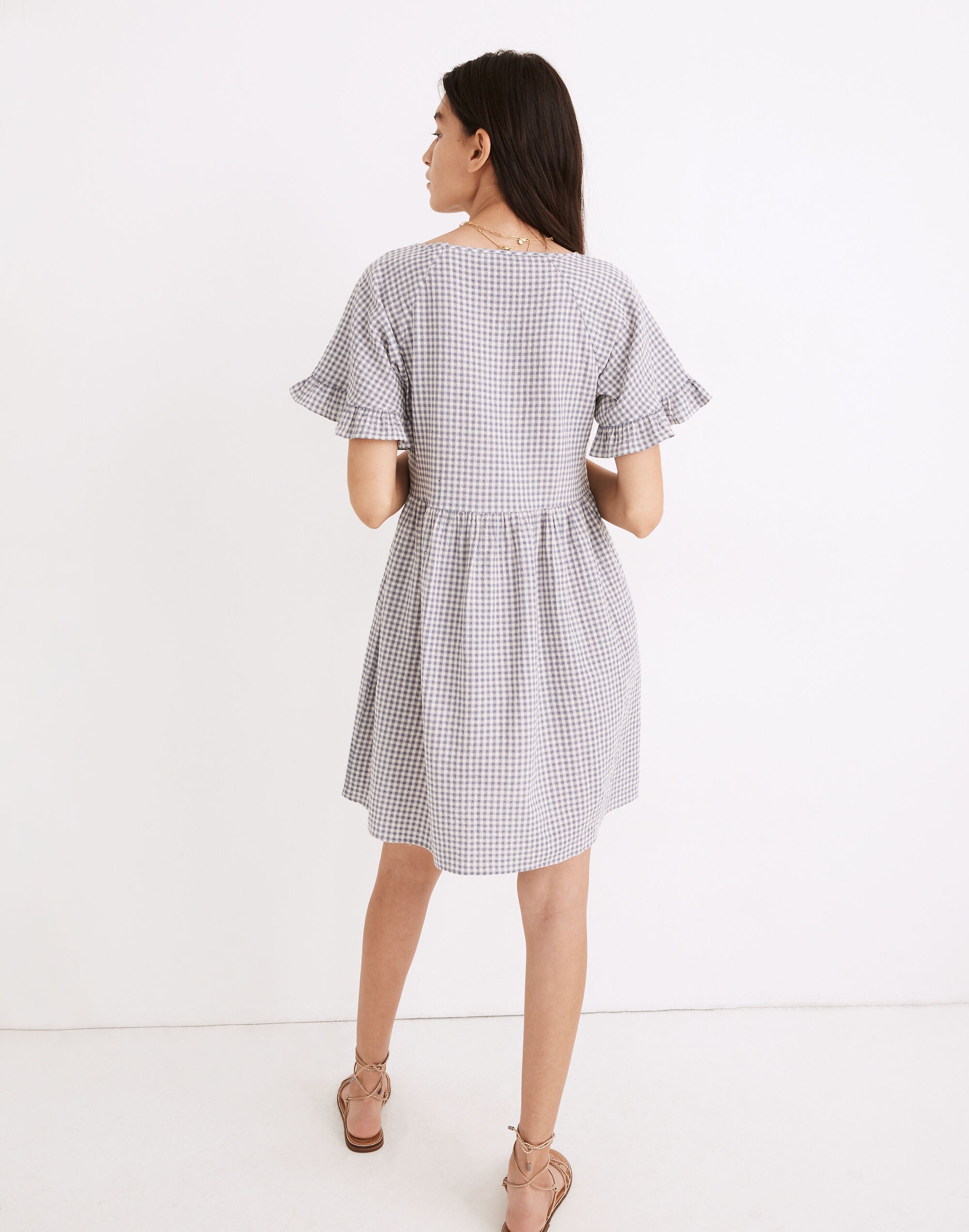 Ruffle-Sleeve Babydoll Dress in Seersucker Gingham