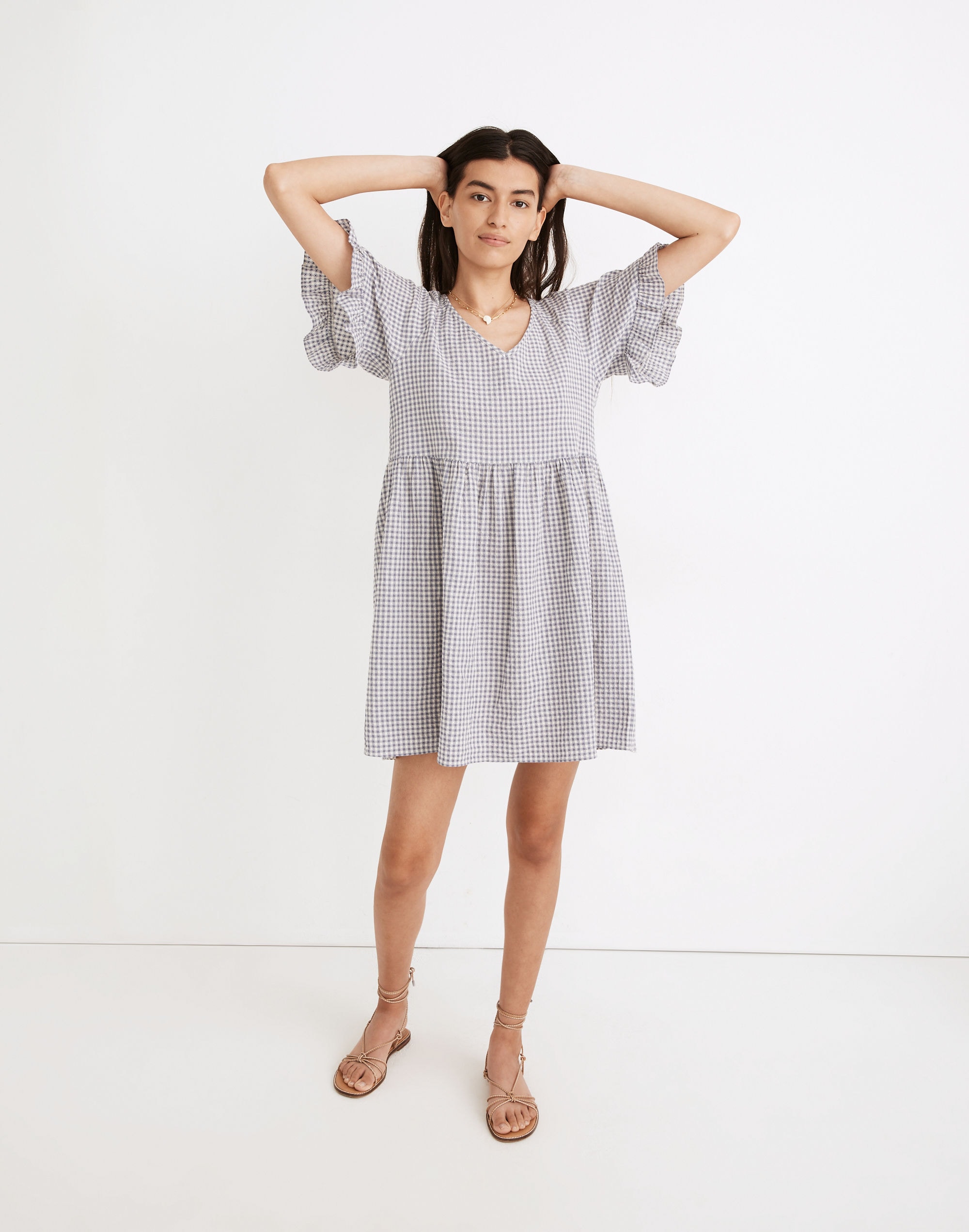 Ruffle-Sleeve Babydoll Dress in Seersucker Gingham