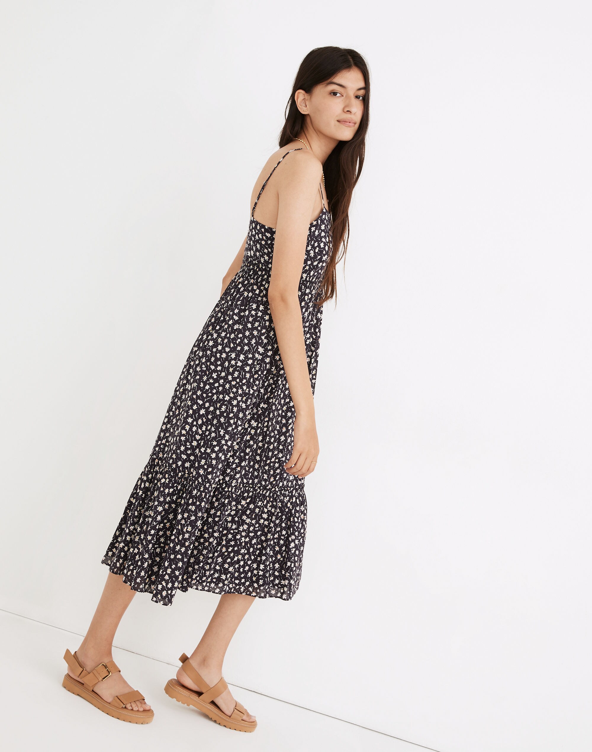 Cami Smock-Waist Tiered Midi Dress in Sweet Floral