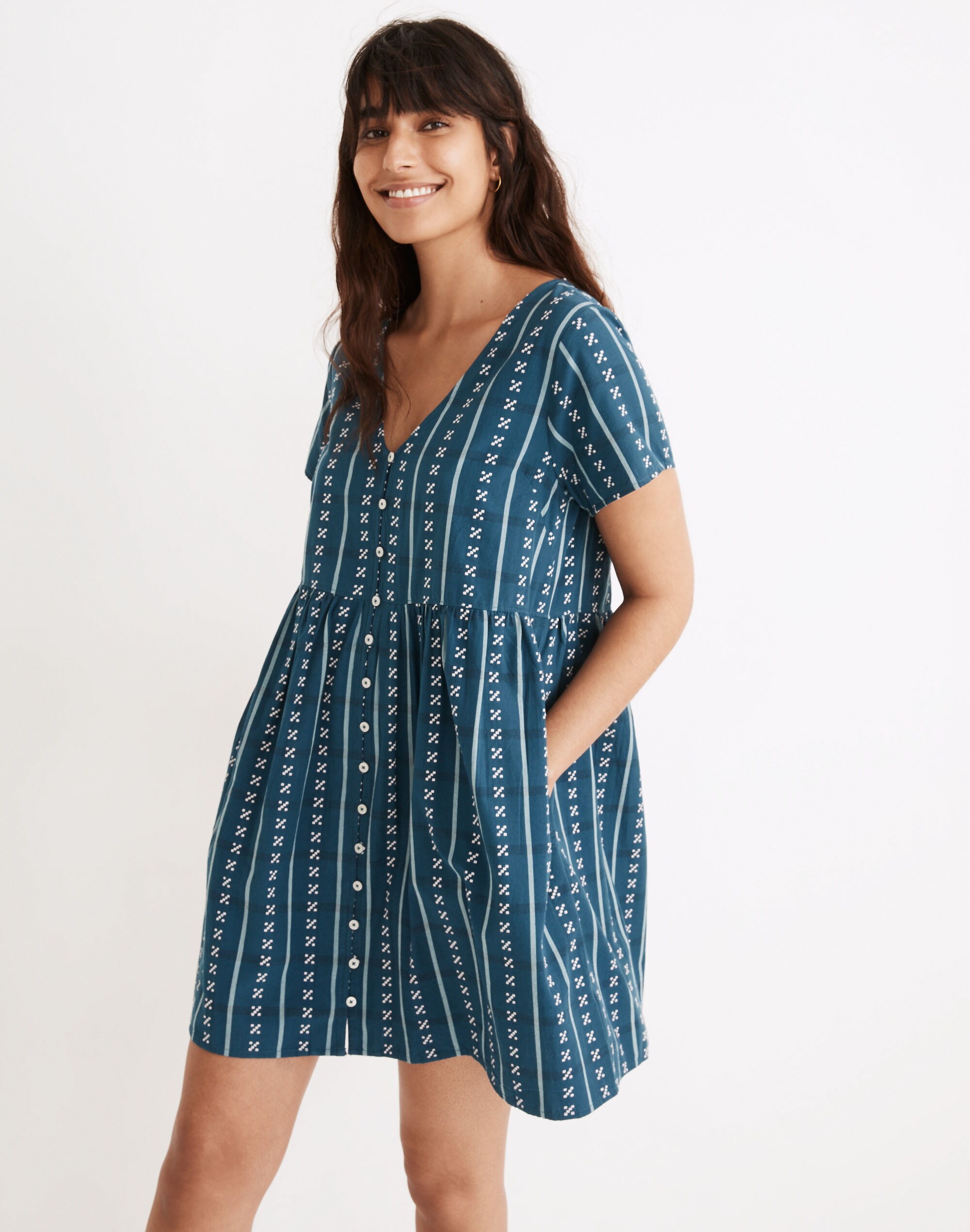 Alexandra Button-Front Mini Dress in Jacquard Stripe