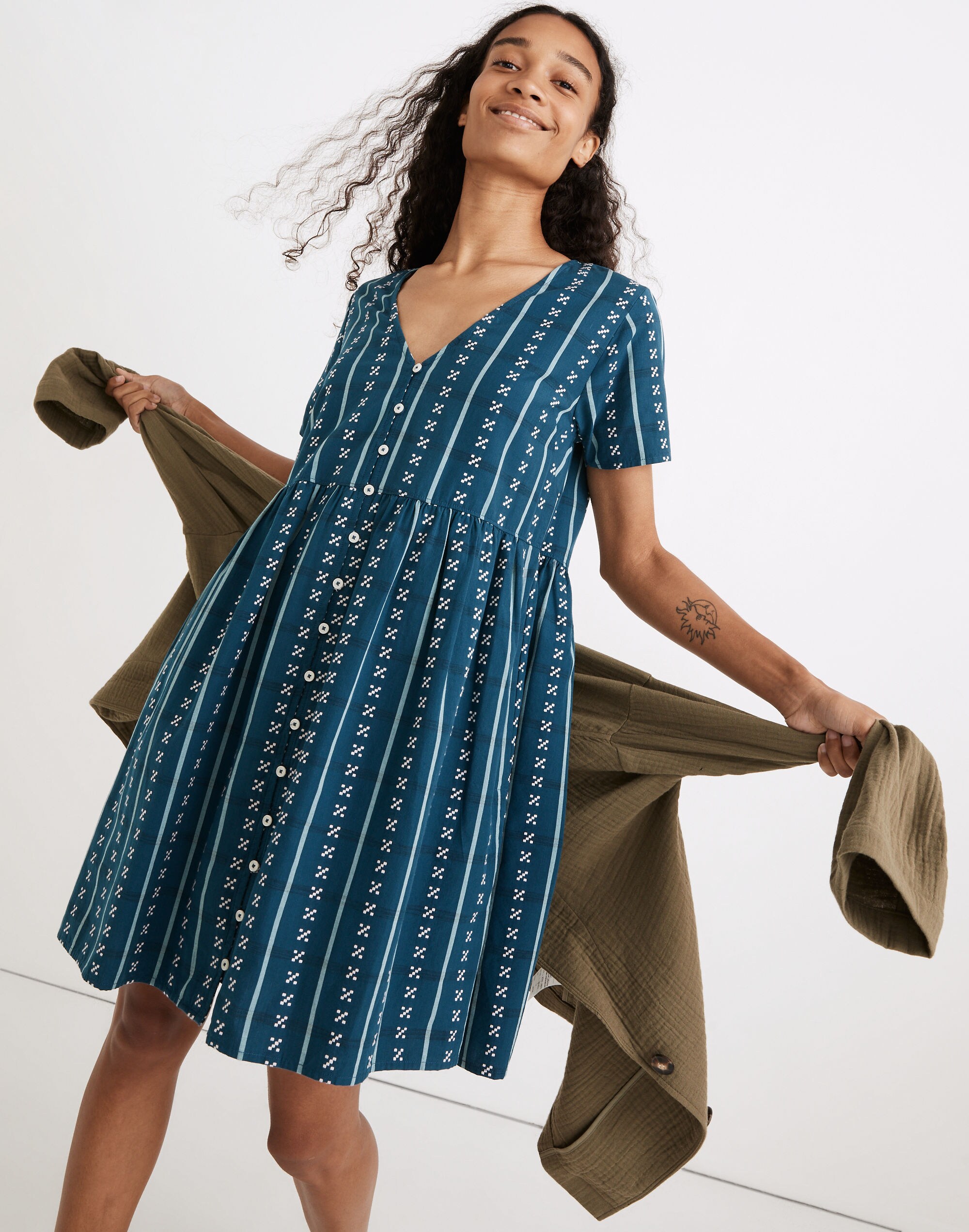 Alexandra Button-Front Mini Dress in Jacquard Stripe