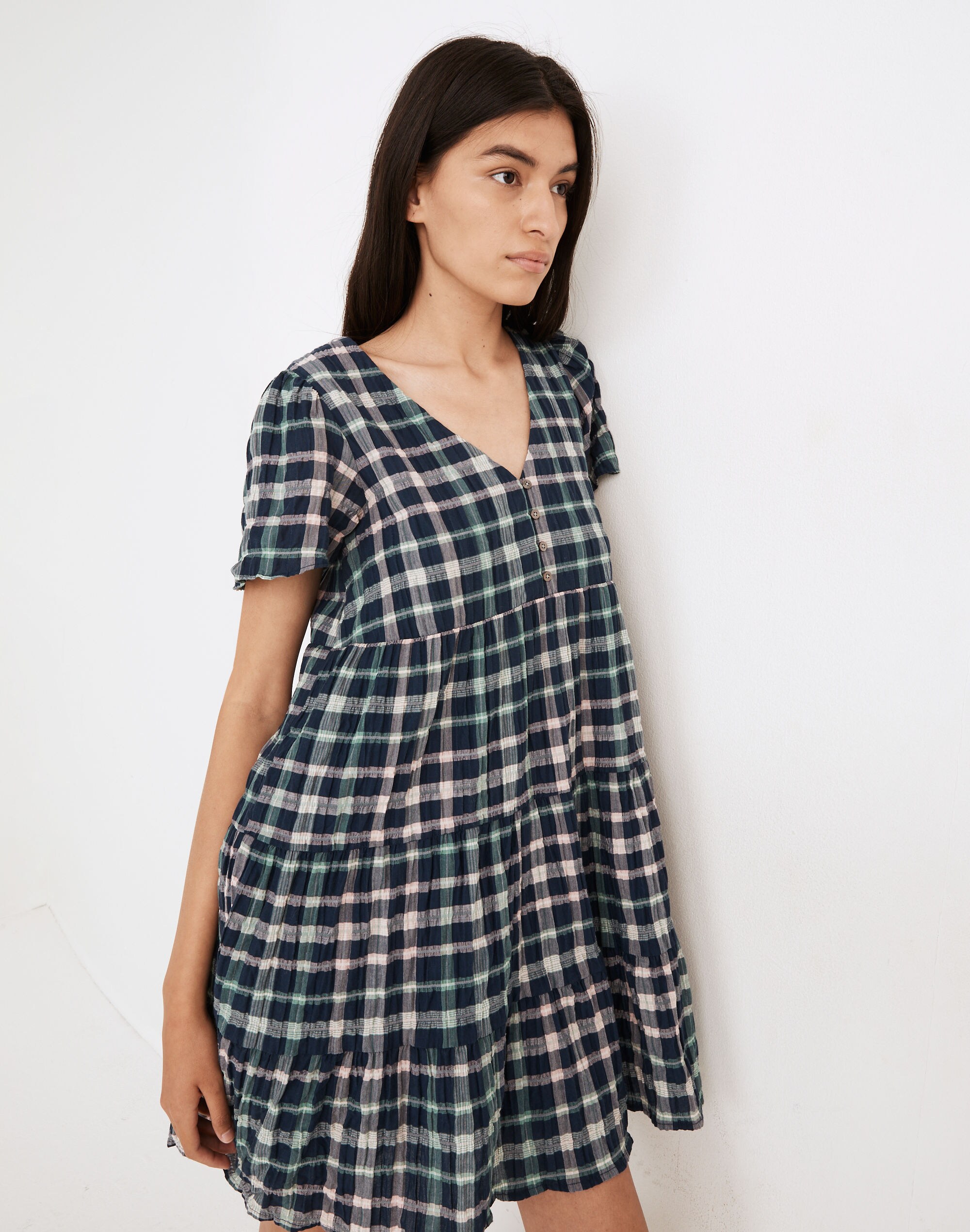 Plaid Button-Front Tiered Babydoll Dress