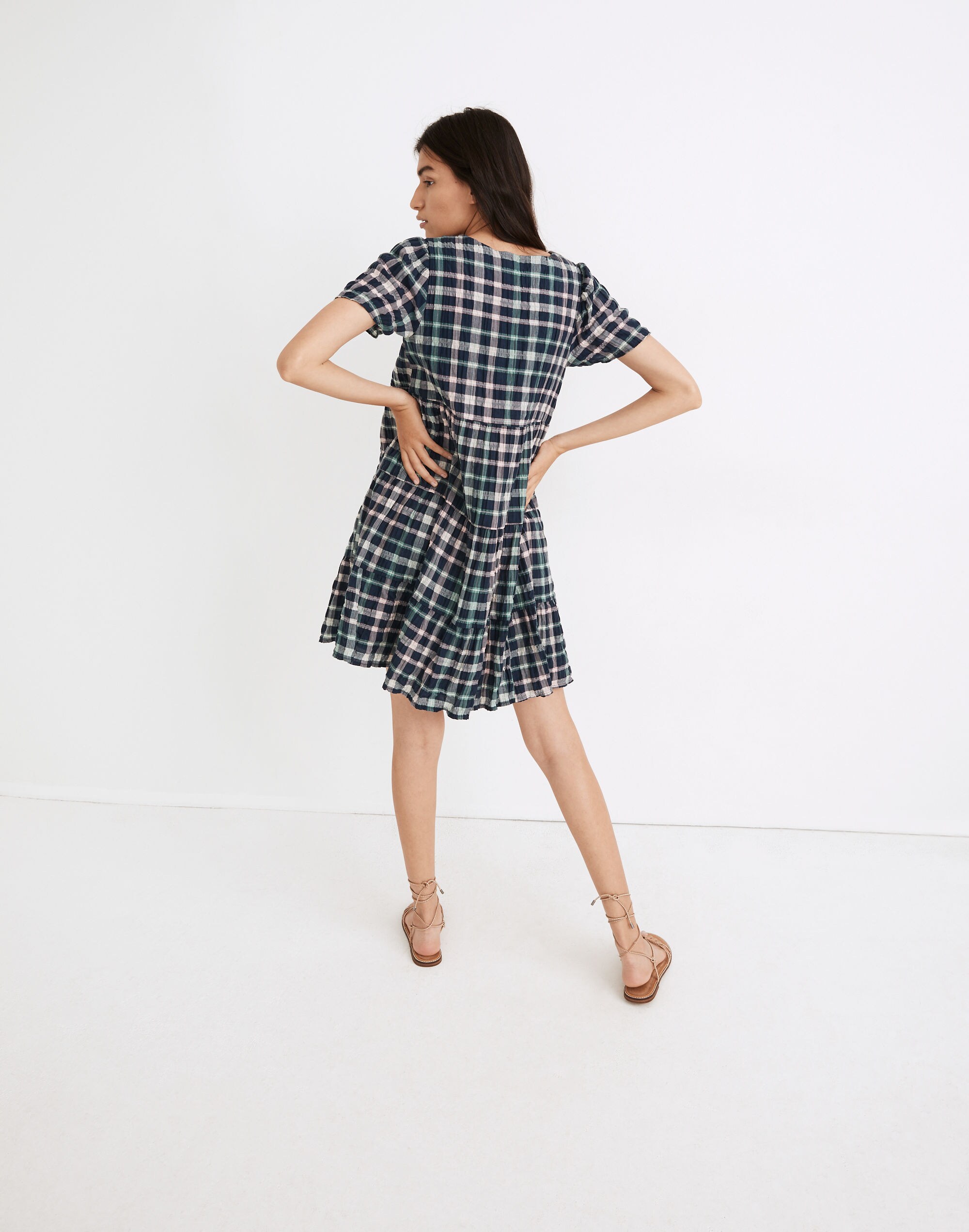 Plaid Button-Front Tiered Babydoll Dress