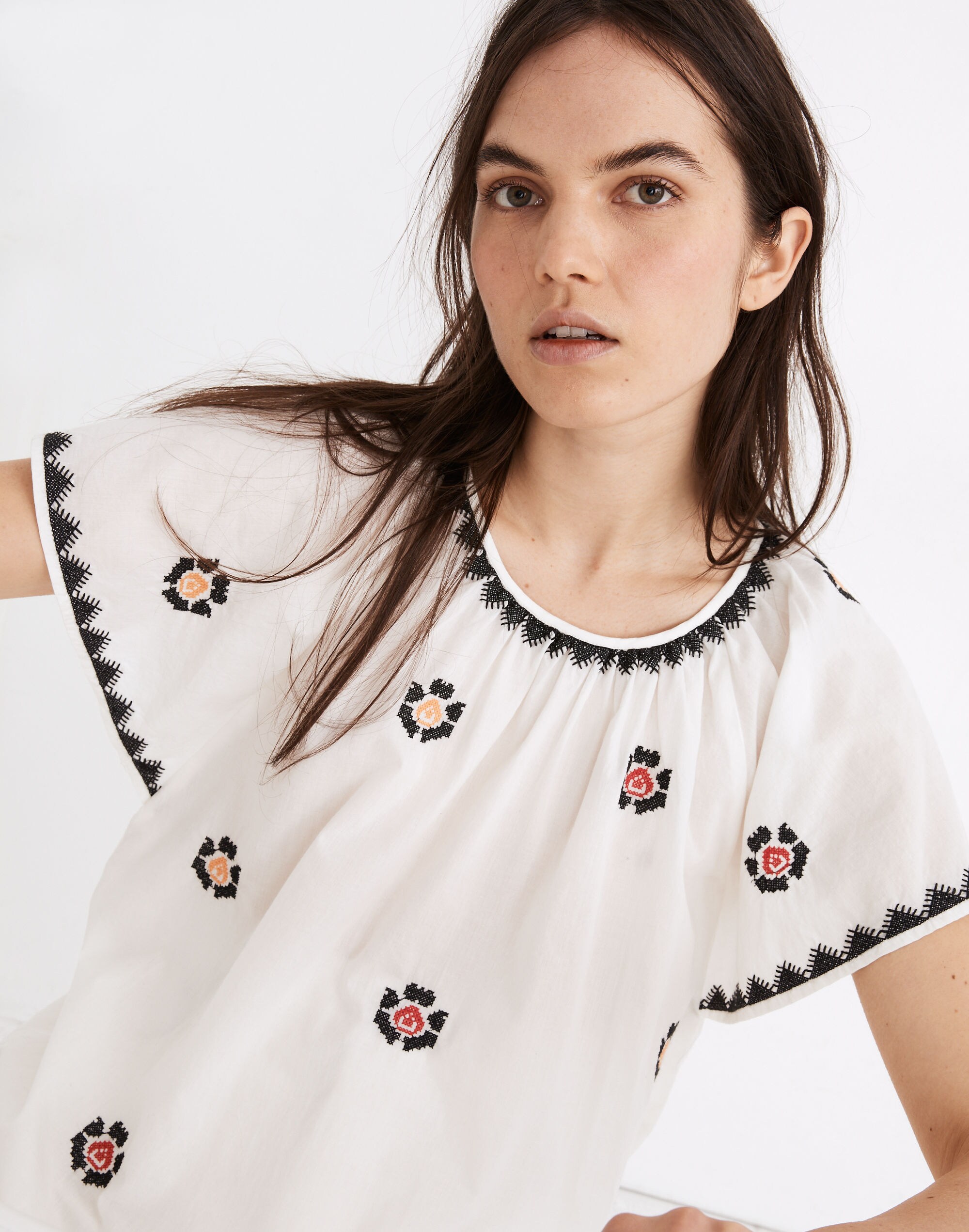 Embroidered Flutter-Sleeve Top