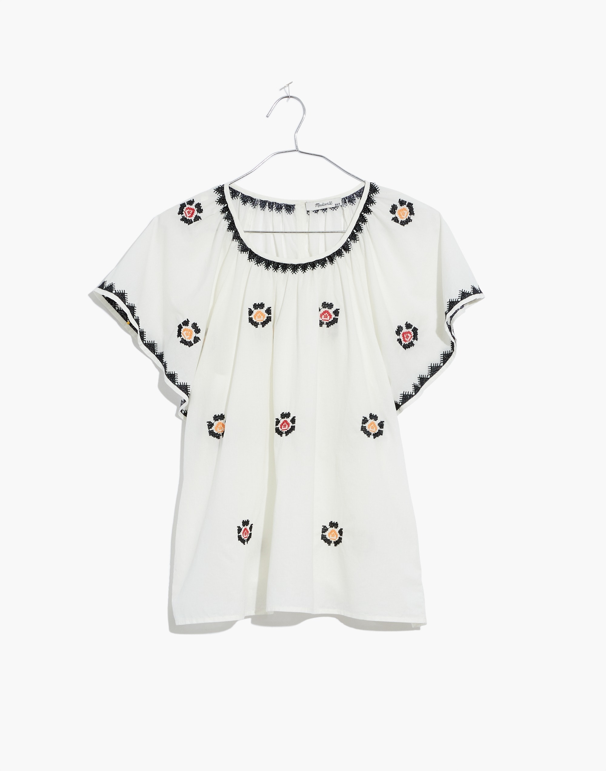 Embroidered Flutter-Sleeve Top