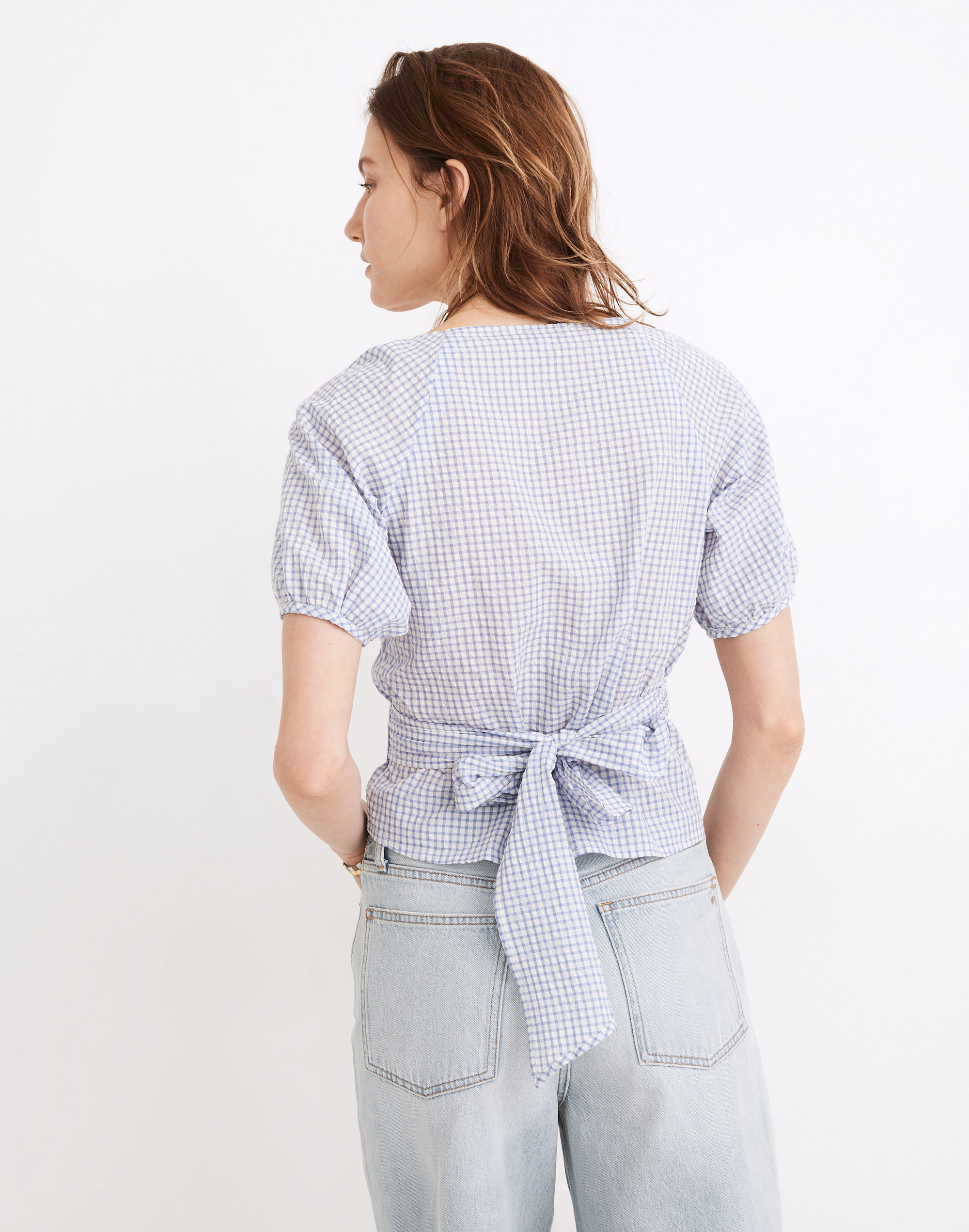 Gingham Seersucker Puff-Sleeve Wrap Crop Top | Madewell